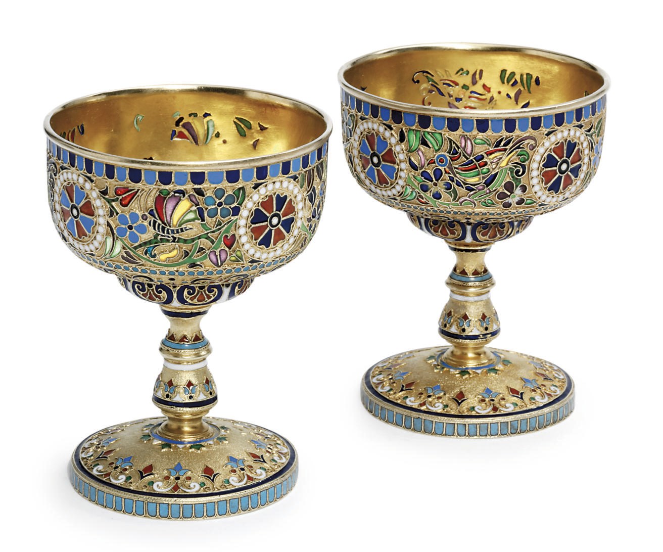 A pair of silver-gilt, plique-à-jour and cloisonné enamel goblets