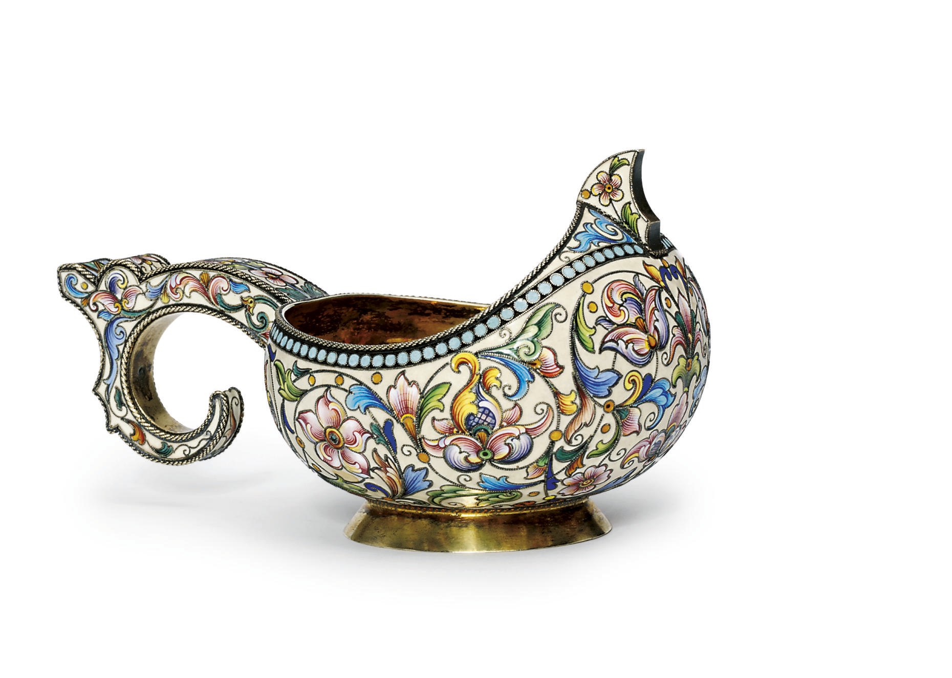 A silver-gilt and cloisonné enamel kovsh