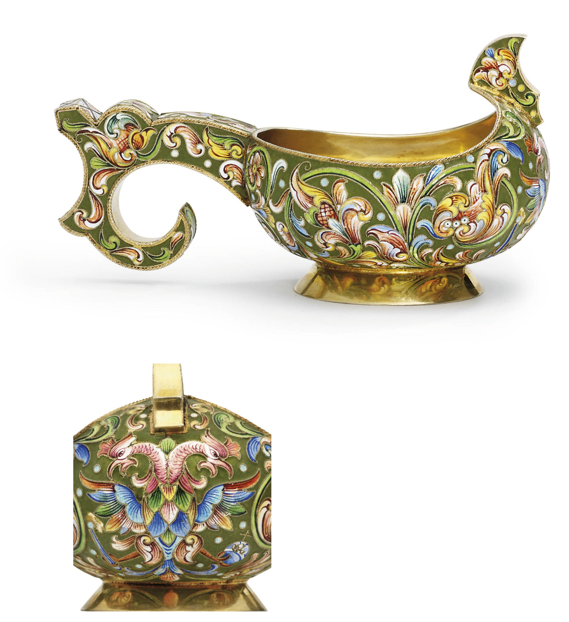 A Silver-Gilt and Cloisonné Enamel Kovsh