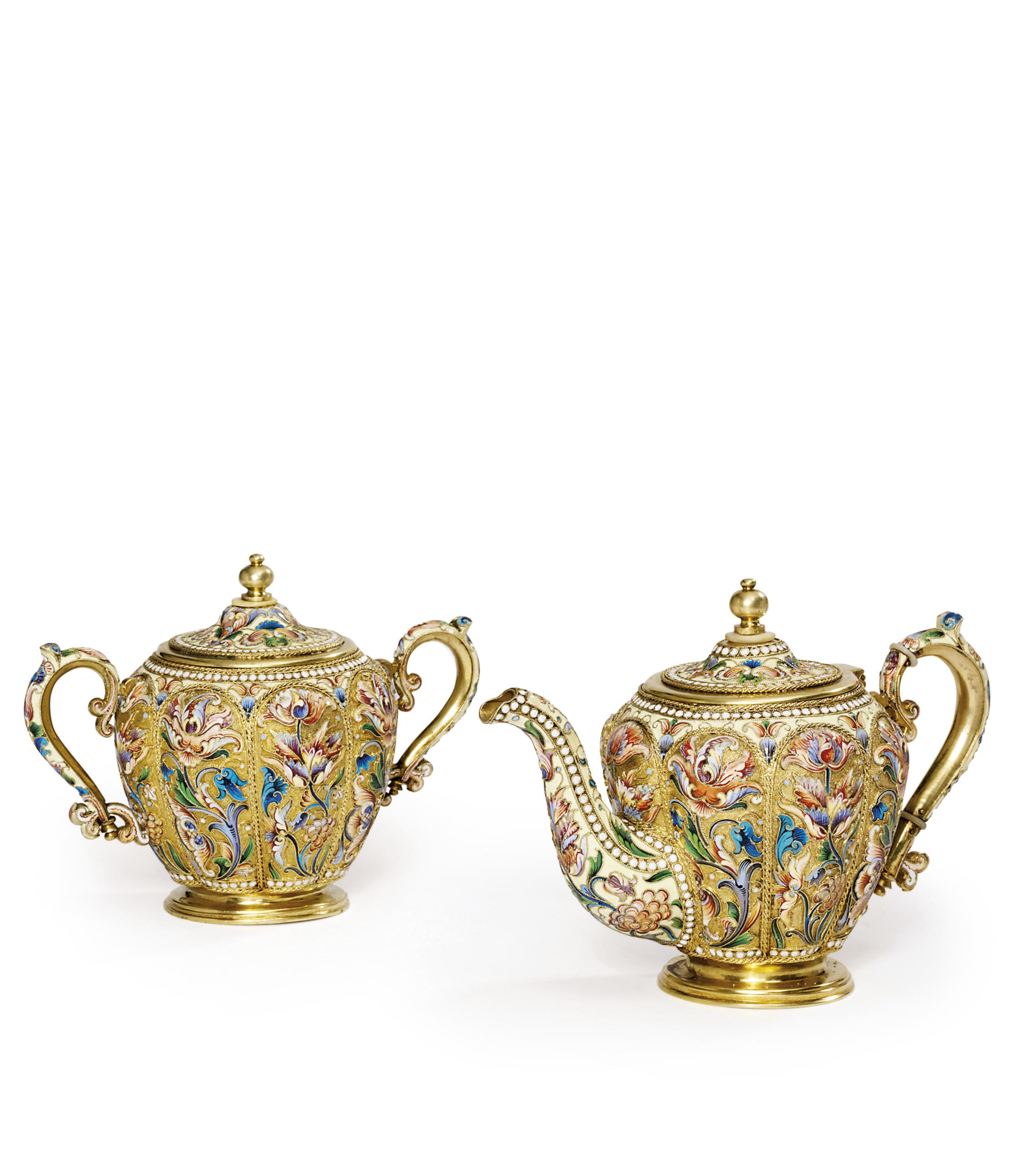 A silver-gilt and cloisonné enamel tea-pot and sugar bowl