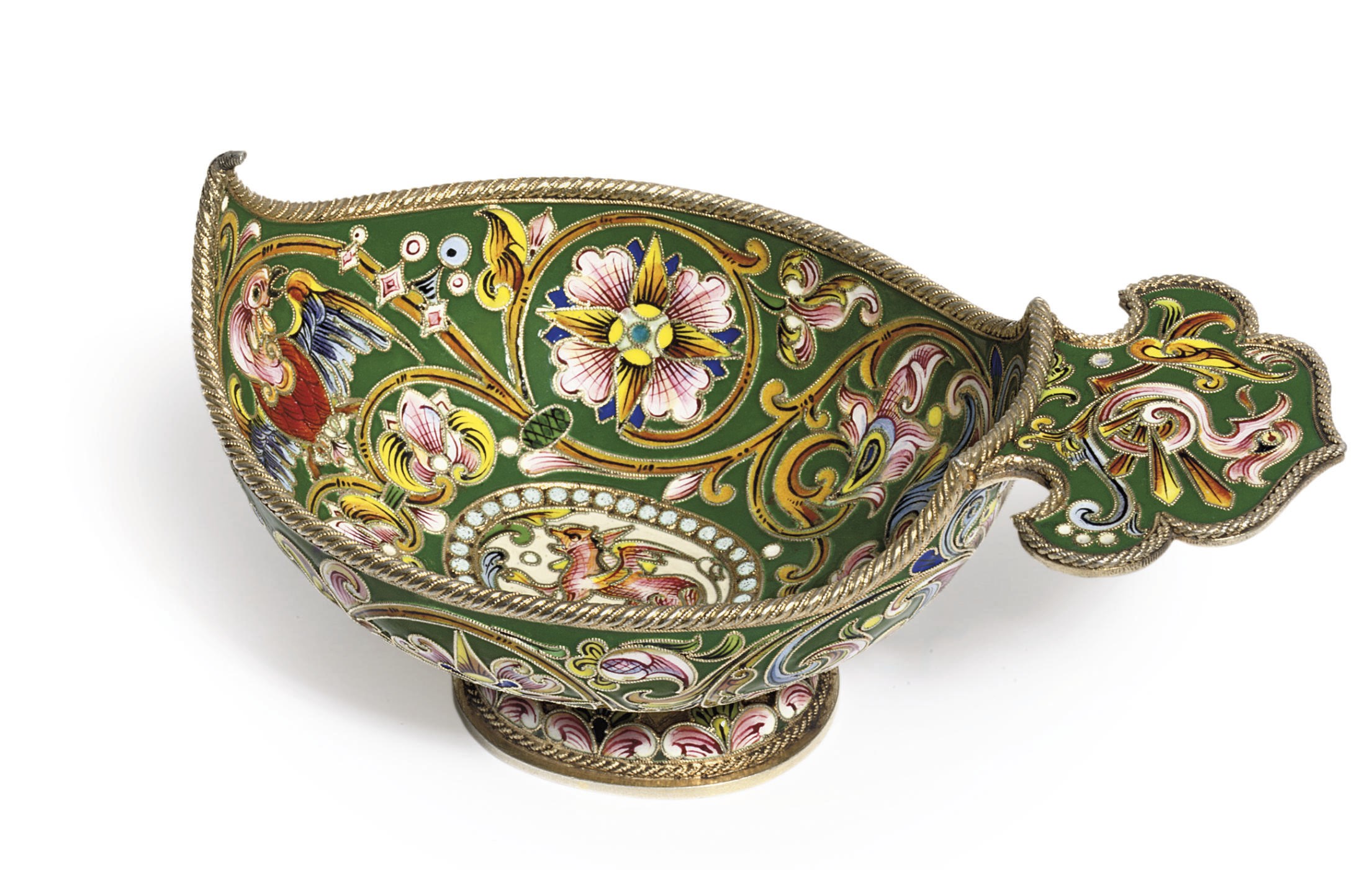 A silver-gilt and cloisonné enamel kovsh