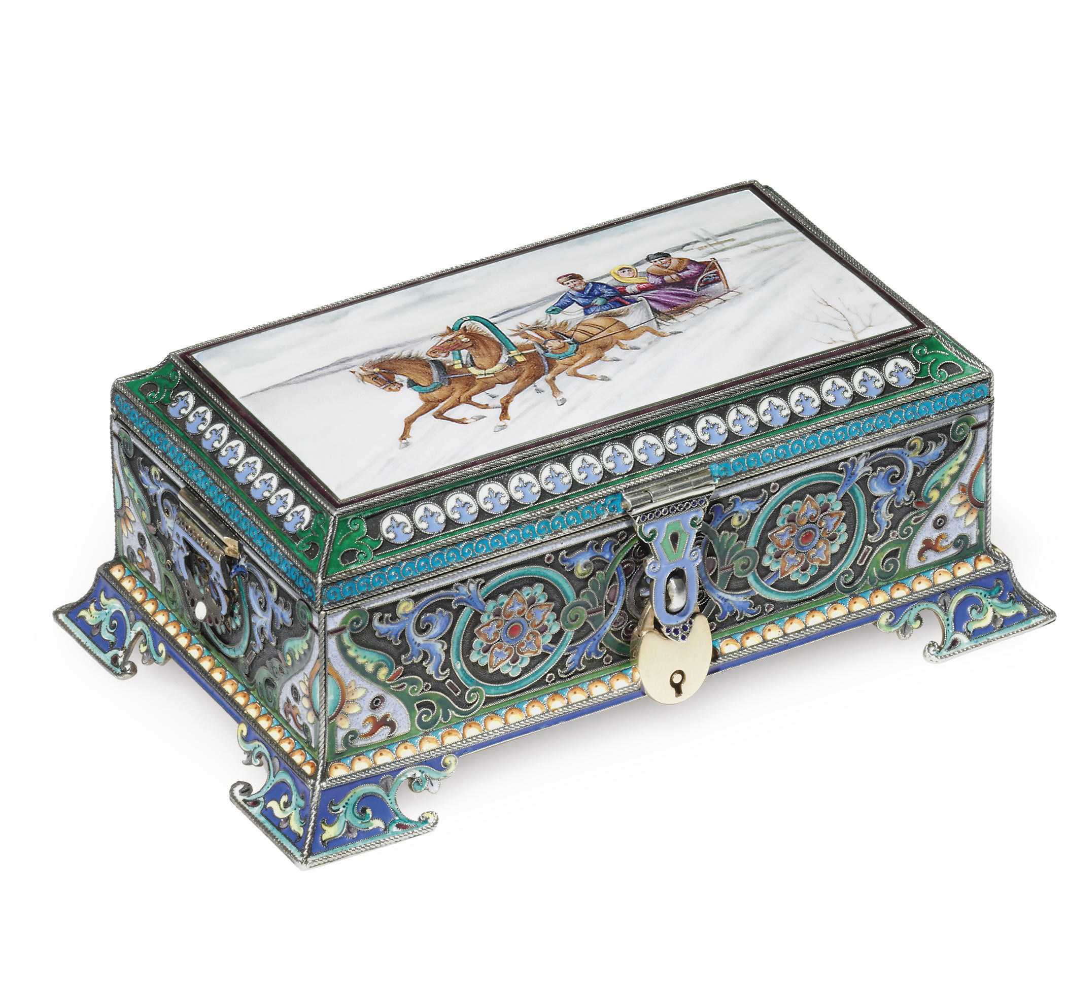 A Silver, Cloisonné and En Plein Enamel Casket