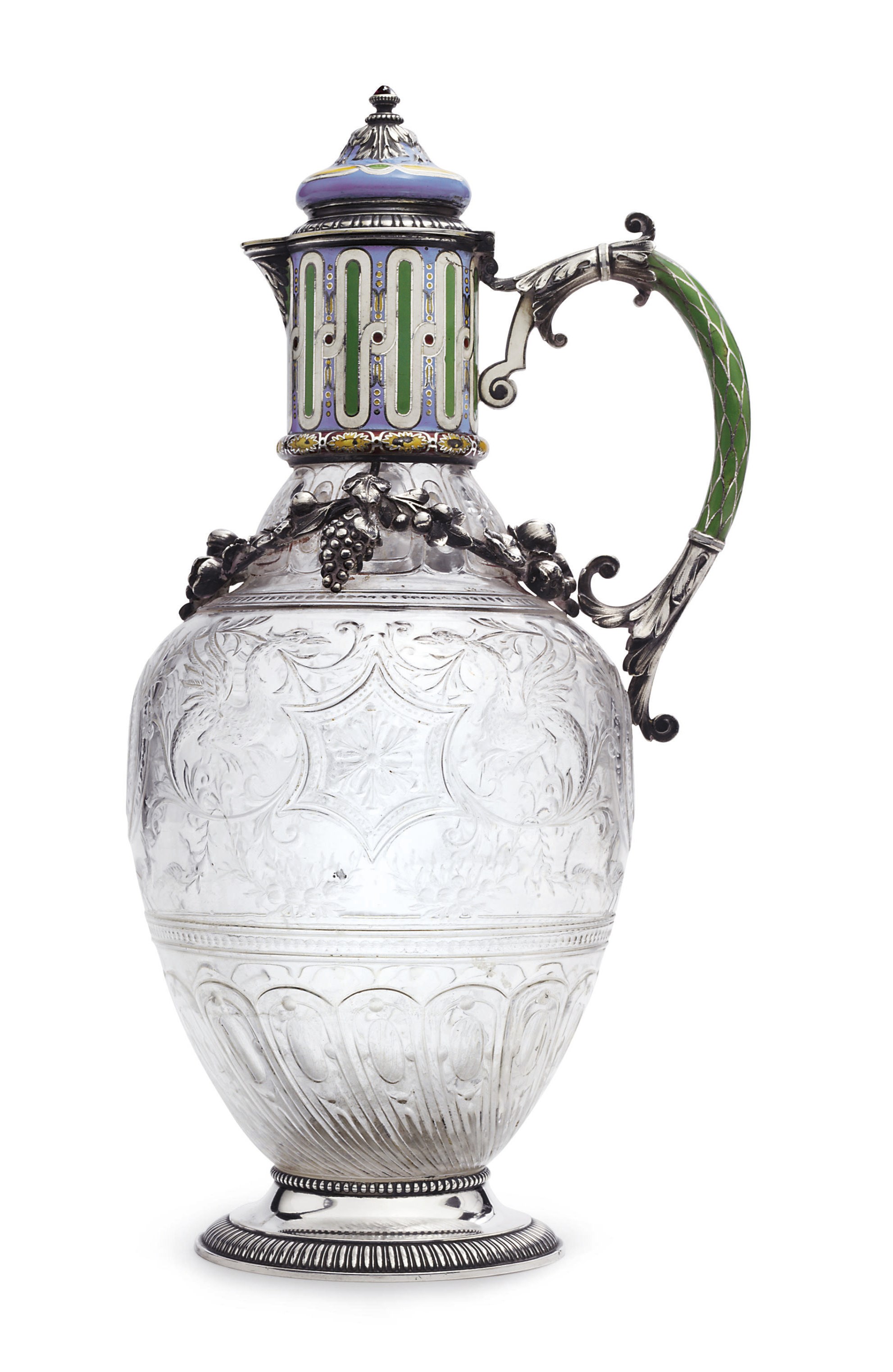 An enamelled silver-mounted glass jug
