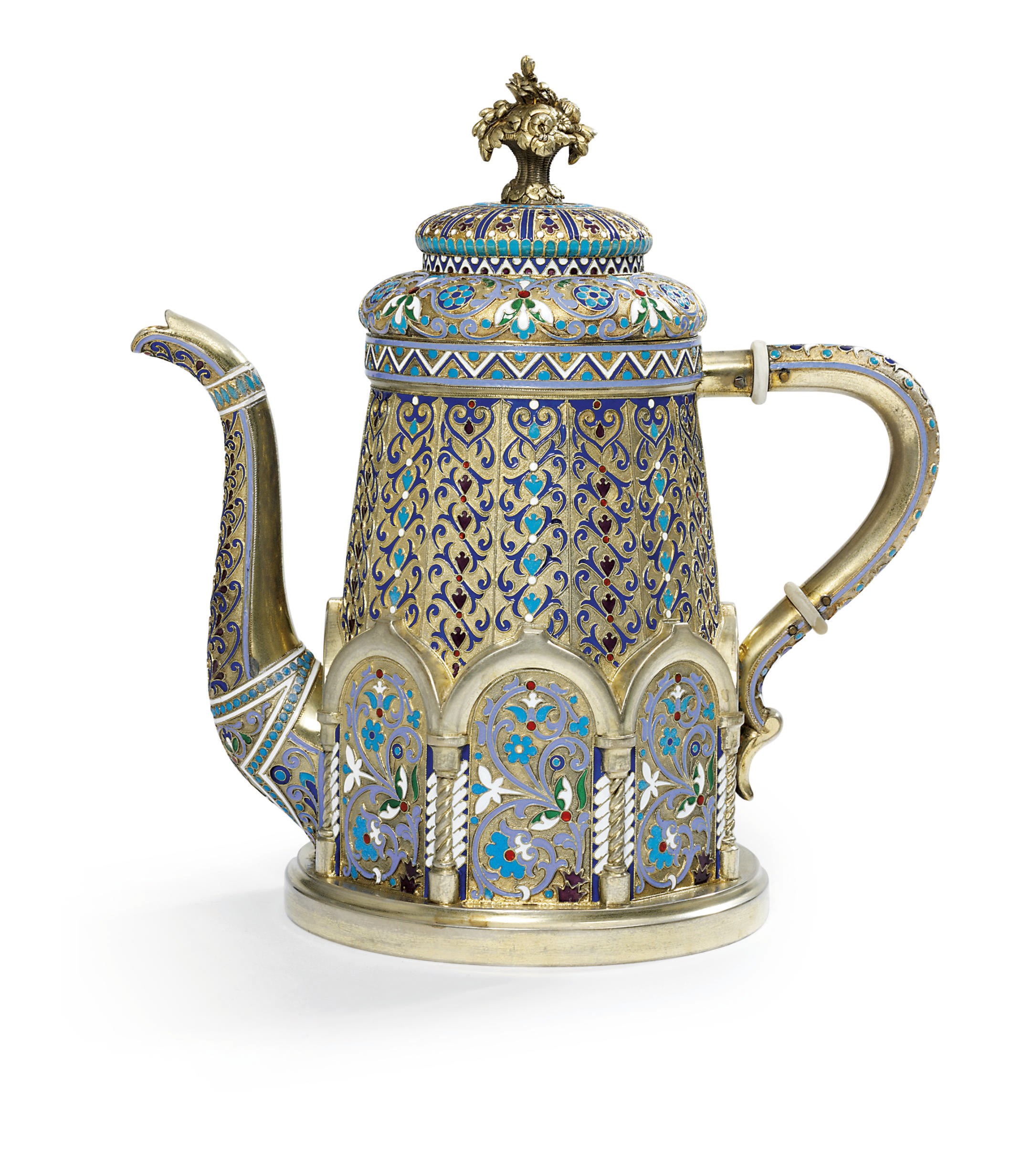 A silver-gilt and cloisonné enamel coffee-pot