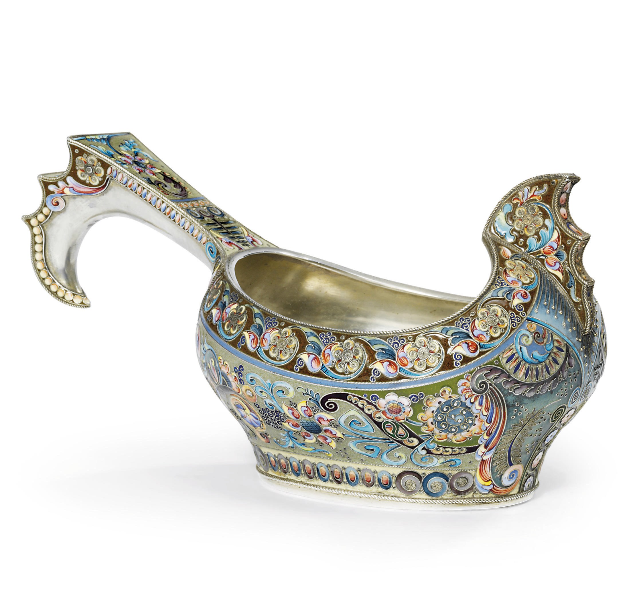A silver and cloisonné enamel kovsh