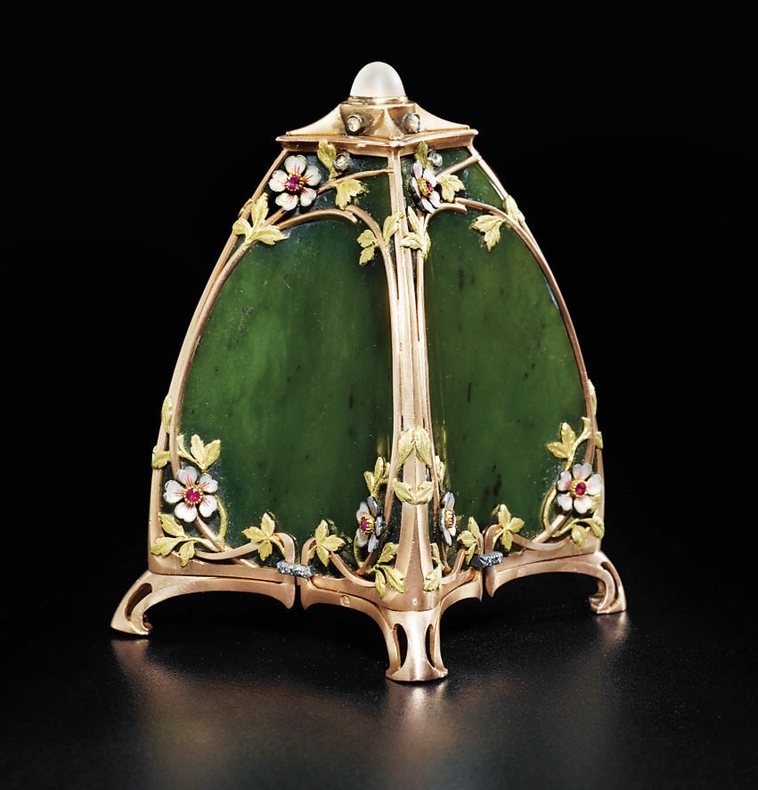 A jewelled and enamel two-colour gold-mounted nephrite bell-push
