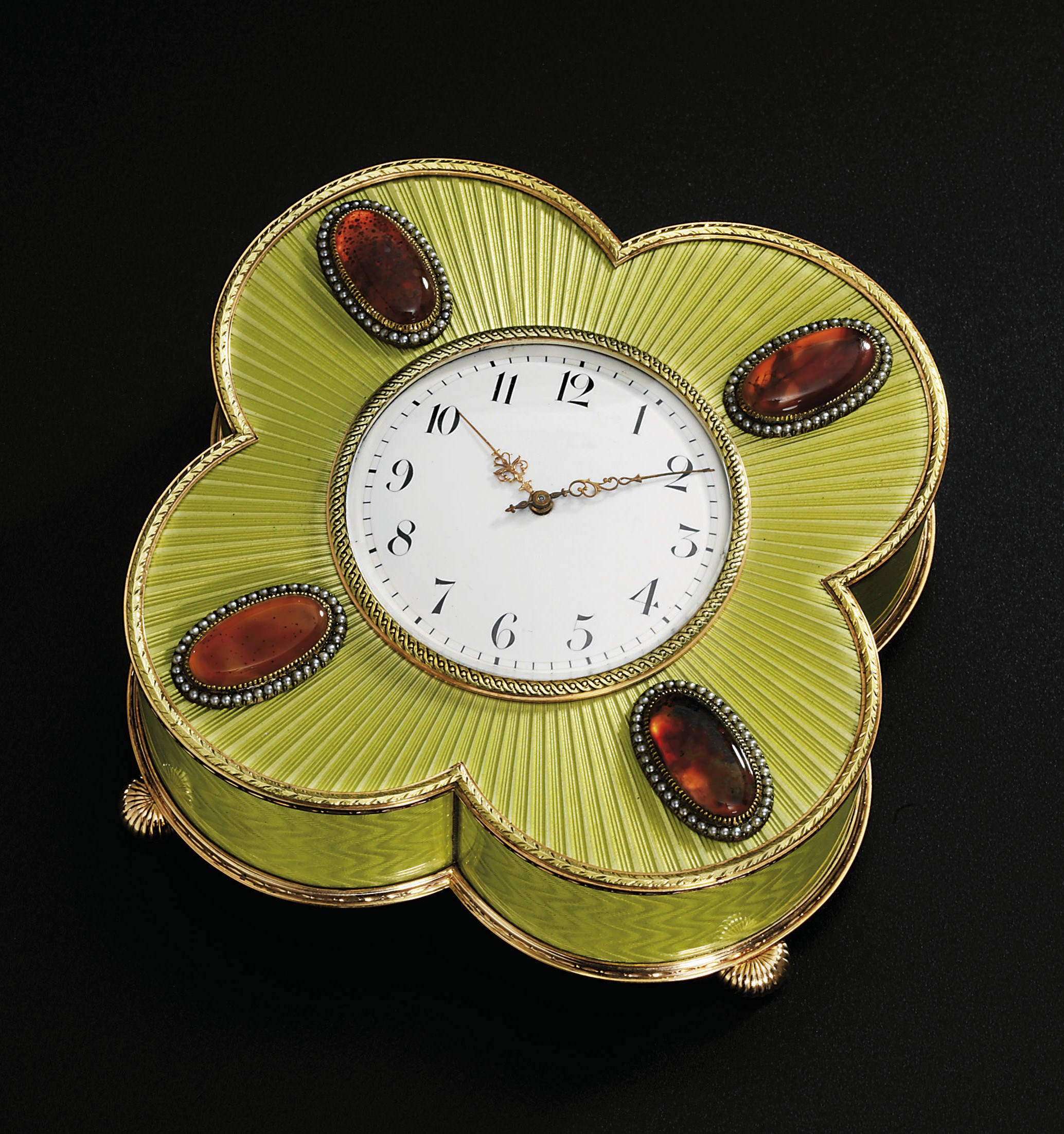 A two-colour gold-mounted guilloché enamel desk clock
