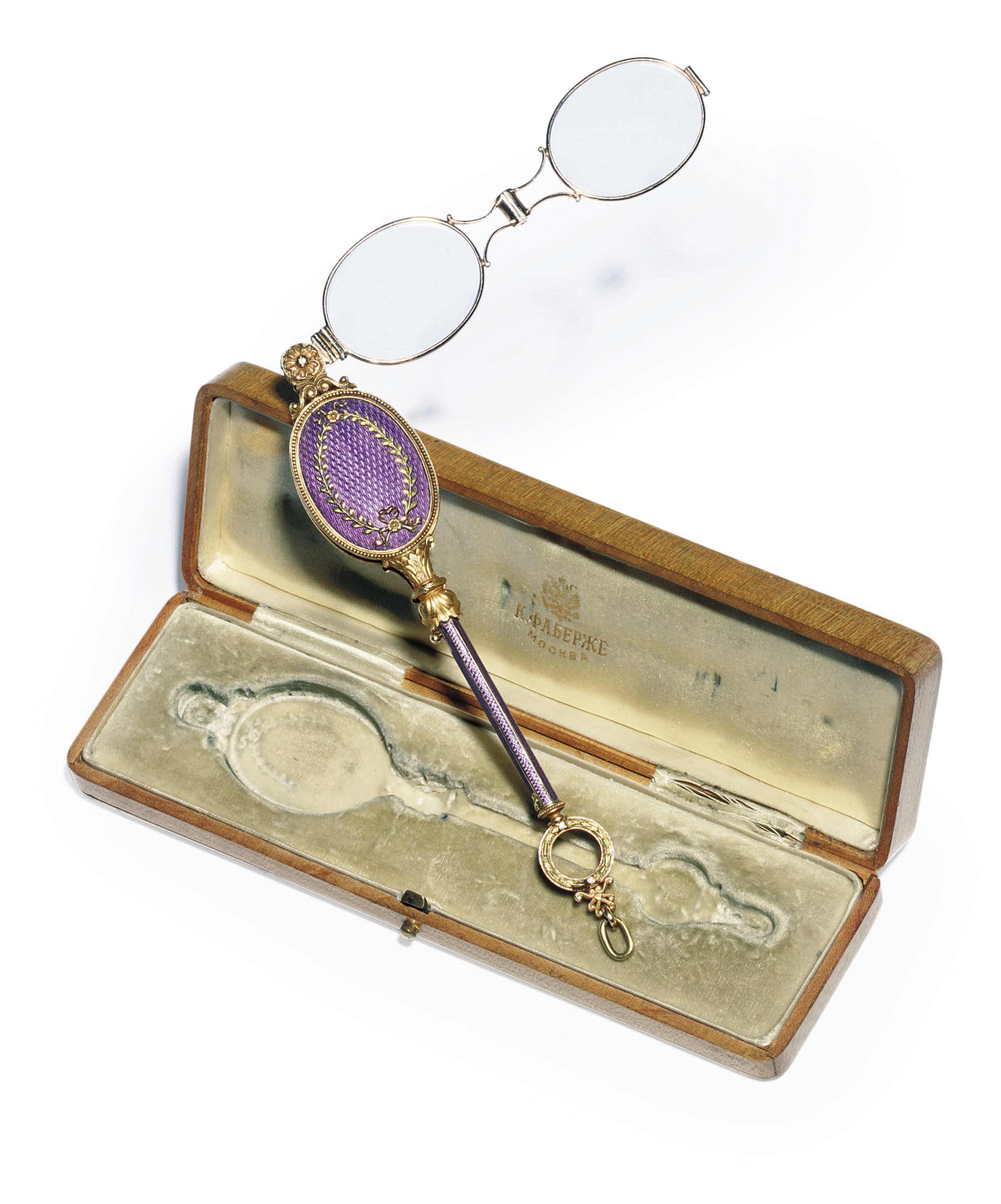 A three-colour gold-mounted and guilloché enamel lorgnette