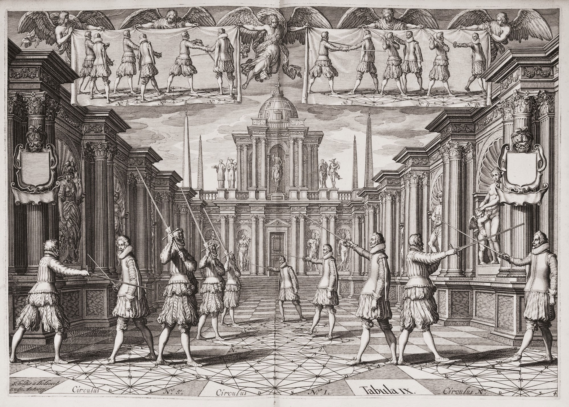 THIBAULT D'ANVERS, Girard. Académie de l'Espée ou se demonstrent par Reigles mathematiques sur le fondement d'un Cercle mystérieux la Theorie et Pratique des vrais et iusqu'a present incognus secrets du maniement des armes a pied et a cheval. [Leyde: Elzevier], 1628.