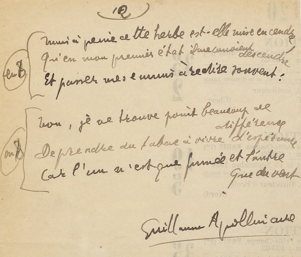 APOLLINAIRE, Guillaume (1880-1918). "La Vie anecdotique. 'Hymne de la Société des Nations'. Le Tabac." Manuscrit autographe signé. 12 feuillets (225 x 138 mm), recto, encre brune. S.d. [ca. 15 août 1918].