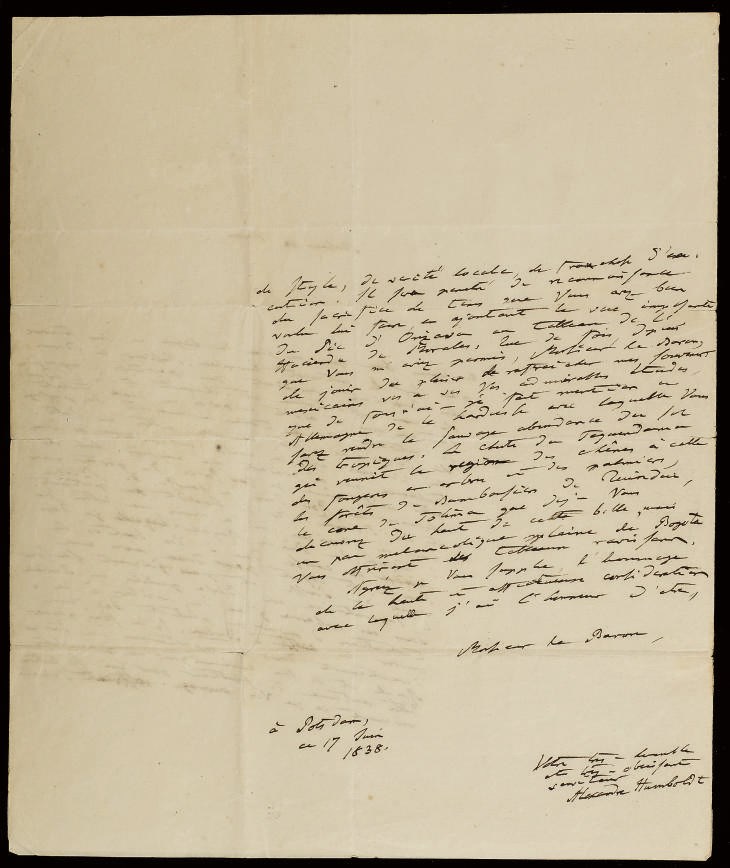 HUMBOLDT, Alexander von (1769-1859). Lettre autographe signée, en français, adressée au baron [Gros]. 2 pages in-4 sur un double feuillet (269 x 227 mm), encre sur papier, située et datée "Potsdam ce 17 juin 1838". (Traces de pliures, petites déchirures.)
