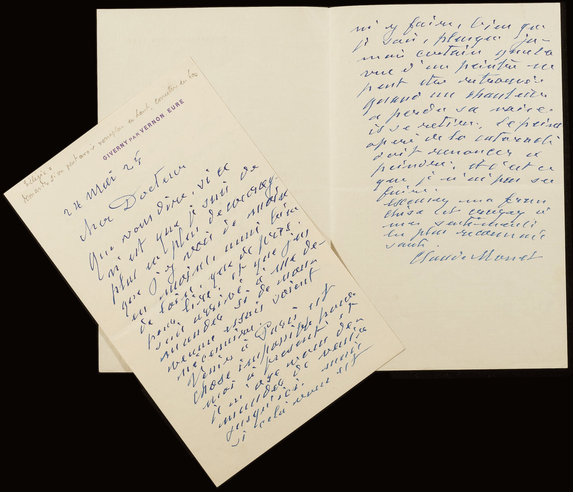 MONET, Claude (1840-1926). Réunion de deux lettres autographes signées "Claude Monet" adressées au docteur Charles Coutela. Chacune des deux pages sur un double feuillet in-12 (205x131 mm). Encre turquoise sur papier à en-tête "Giverny par Vernon. Eure".