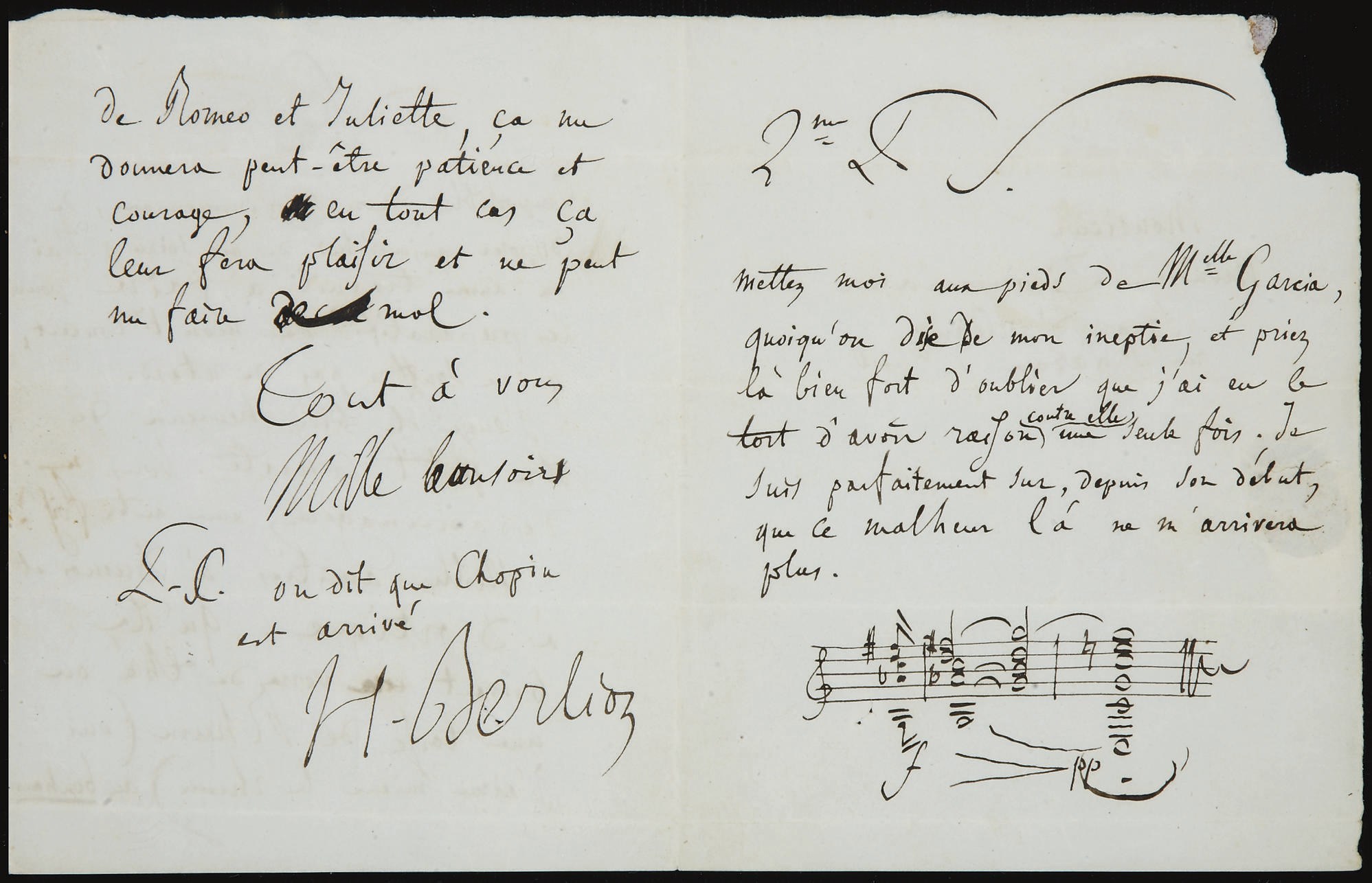 BERLIOZ, Hector (1803-1869). Lettre autographe signée à Zimmermann, avec une citation musicale d'une portée de 3 mesures. S.l.n.d. [octobre 1839]. 3 pages in-12 sur un feuillet plié (208 x 132 mm), avec suscription. (Traces de cachet.) Provenance: ancienne collection Minka Strauss -- Par descendance au propriétaire actuel.