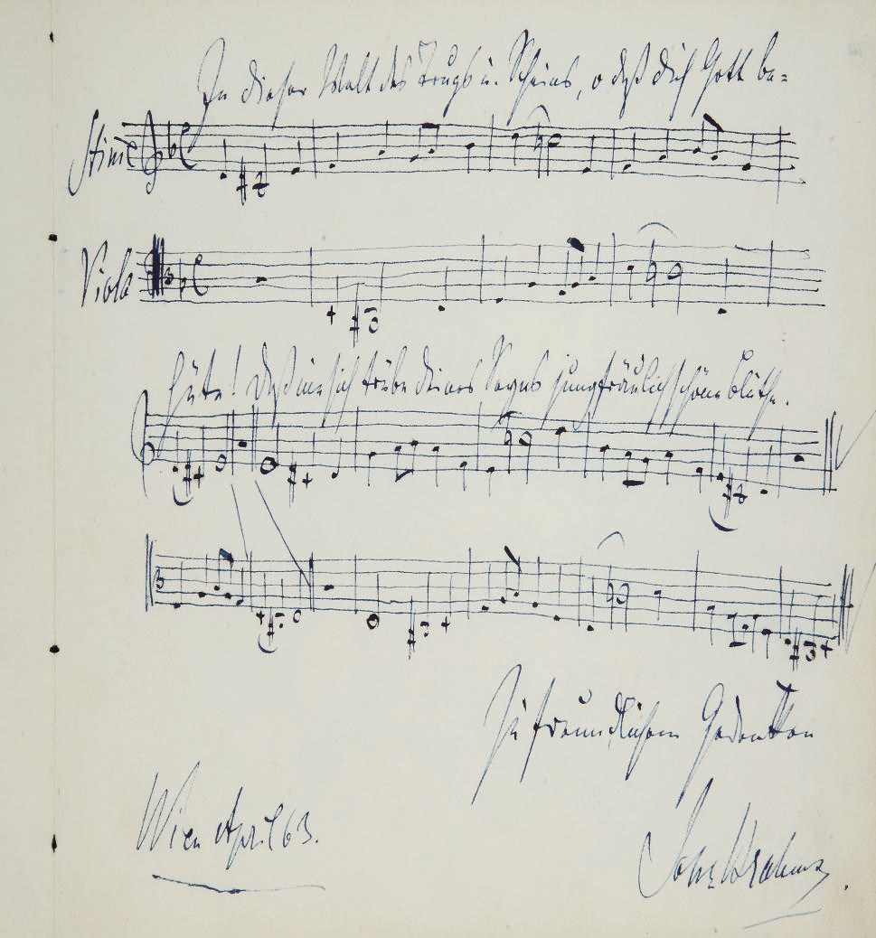 BRAHMS, Johannes (1833-1897). Manuscrit musical autographe signé, en allemand de 4 portées (deux pour la voix, et deux pour viole). Une page in-8 oblong (150 x 232 mm). Daté "Wien April 63". Provenance: ancienne collection Minka Strauss -- Par descendance au propriétaire actuel.