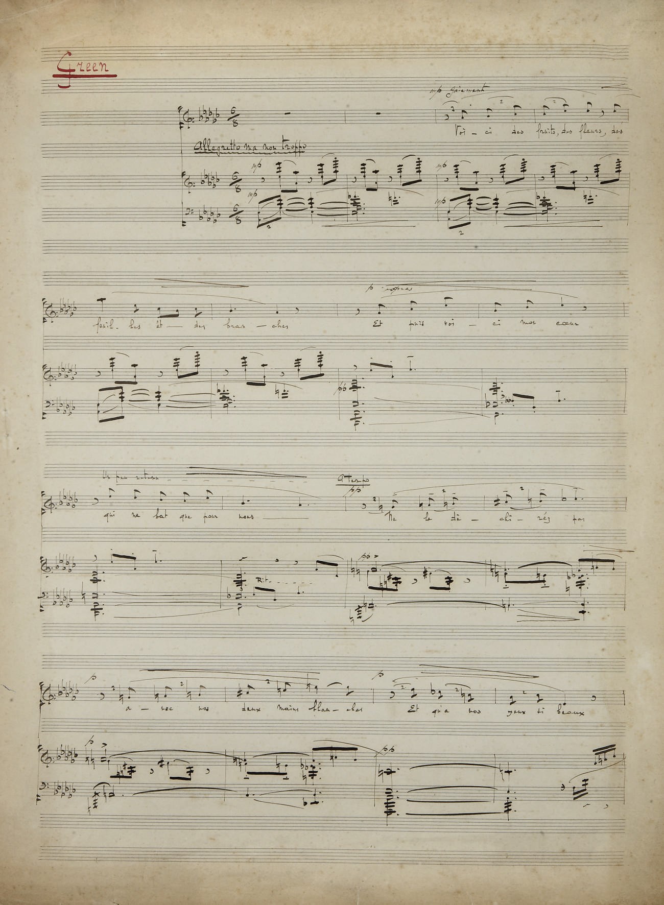 DEBUSSY, Claude (1862-1918). Green. [in Ariettes oubliées]. Manuscrit musical autographe, non signé, daté "Rome 1886".