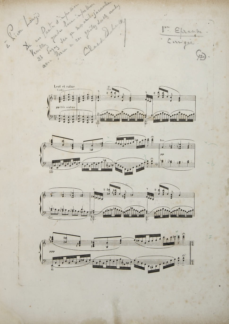 DEBUSSY, Claude (1862-1918). Première épreuve corrigée, mention autographe pour [La Demoiselle élue], signée au "CAD", 21 pages de musique gravées, et un feuillet de manuscrit muscial autographe, signé Claude Debussy, relié à la fin.