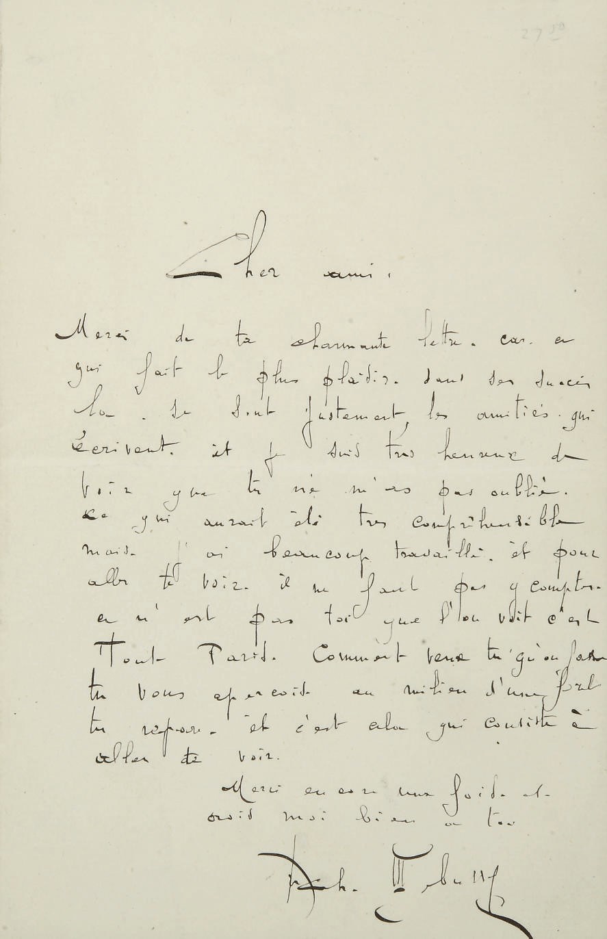 DEBUSSY, Claude (1862-1918). Lettre autographe à Pierre Louÿs (?) signée "Achille Debussy", non datée [vers 1893].