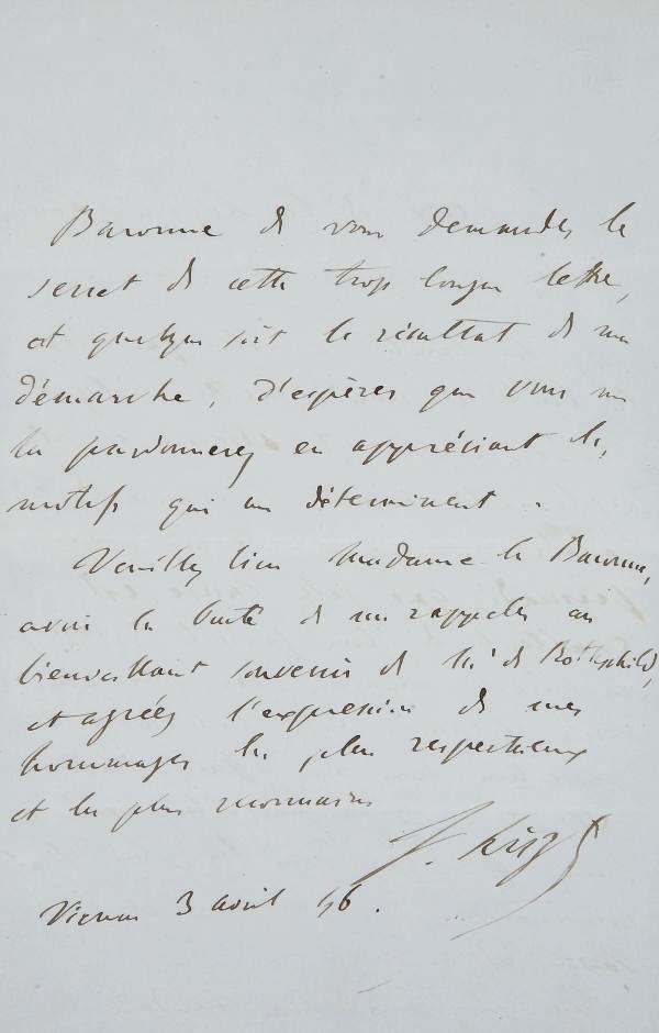 LISZT, Franz (1811-1886). Réunion de 4 lettres autographes signées adressées au baron et à la baronne James de Rothschild. Provenance: ancienne collection Minka Strauss -- Par descendance au propriétaire actuel.