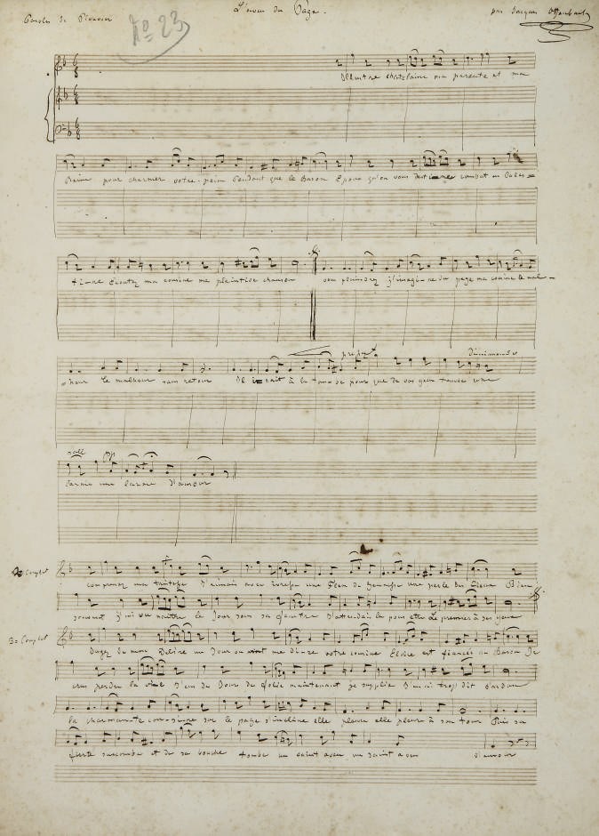 OFFENBACH, Jacques (1819-1880). L'Aveu du page et Ce que j'aime. Manuscrit musical autographe signé pour la voix et un instrument non spécifié. S. d.