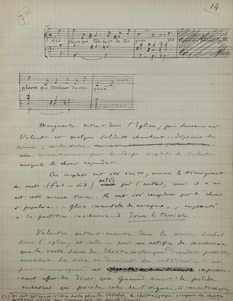 SAINT-SAENS, Charles-Camille (1803-1890). Manuscrit autographe complet, signé et titré "Le Livret de Faust", 24 feuillets (chiffrés 1 à 22, 11bis, 13A) sur papier à carreaux (270 x 210 mm, un feuillet légèrement plus court), encre et crayon, dont 9 feuillets avec de la musique notée. Chaque feuillet avec les cachets secs aux initiales "CSS", nombreuses ratures. (Feuillets montés sur onglets et reliés dans un cartonnage bradel). Provenance: ancienne collection Minka Strauss -- Par descendance au propriétaire actuel.