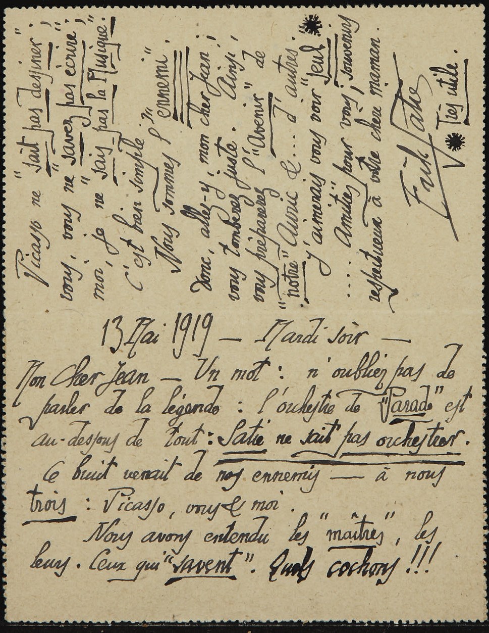SATIE, Érik (1866-1925). Carte-lettre autographe signée à Jean Cocteau. 13 mai 1919.