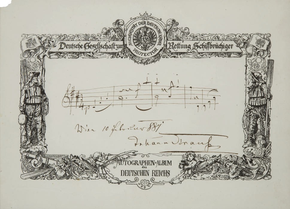 STRAUSS, Johann Sebastian, dit le jeune (1825-1899). Citation autographe de 5 mesures tirées du Beau Danube bleu sur un feuillet in-8 oblong (185 x 250 mm), encre brune sur papier d'une société allemande pour le sauvetage de naufragés "Deutsche Gesellschaft zur Rettung Schiffbrüchiger", datée et située "Vienne 10 février 1881". (Traces de colle aux angles, coin gauche arraché.) Provenance: ancienne collection Minka Strauss -- Par descendance au propriétaire actuel.