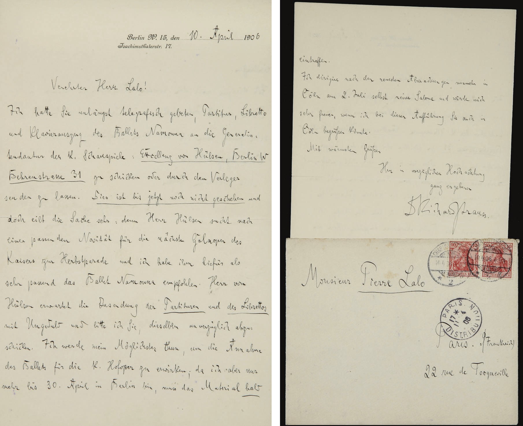 STRAUSS, Richard (1864-1949). Collection de 4 lettres autographes (dont 3 avec enveloppe), une carte postale, une liste des doublures pour l'opéra Ariadne, et deux menus avec signatures. Provenance: ancienne collection Minka Strauss -- Par descendance au propriétaire actuel.