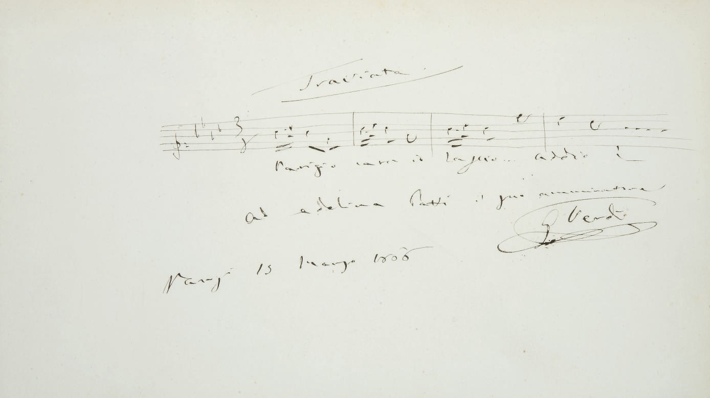 VERDI, Giuseppe (1813-1901). Traviata, feuillet in-8 oblong (153 x 264 mm), encre brune sur papier, avec citation musicale autographe de Parigi o cara, io lascio ..., dédiée à Adelina Patti, signée et datée "Paris 15 mars 1866". (Feuillet tiré d'un livre d'or, avec une autre dédicace au verso). Provenance: Adelina Patti (dédicace recto et verso) -- Ancienne collection Minka Straus -- Par descendance au propriétaire actuel.