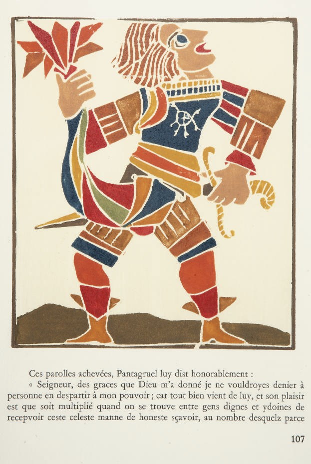 [DERAIN] -- RABELAIS, François (vers 1494-1553). Les Horribles et espouvantables faictz et prouesses du très renommé Pantagruel. Roy des Dipsodes, fils du grand géant Gargantua. Composé nouvellement par maître Alcofrybas Nasier. Ornés de bois en couleurs dessinés et gravés par André Derain. Paris: Albert Skira, 1943.
