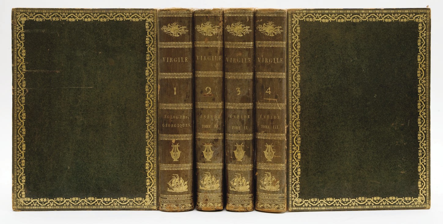 VIRGILE (Publius Vergilius Maro, vers 70-19 av. J.-C.). Oeuvres. Traduites en françois, le texte vis-à-vis la traduction, avec remarques, par M. l'abbé des Fontaines. Paris: P. Plassan, An IVe (1796).