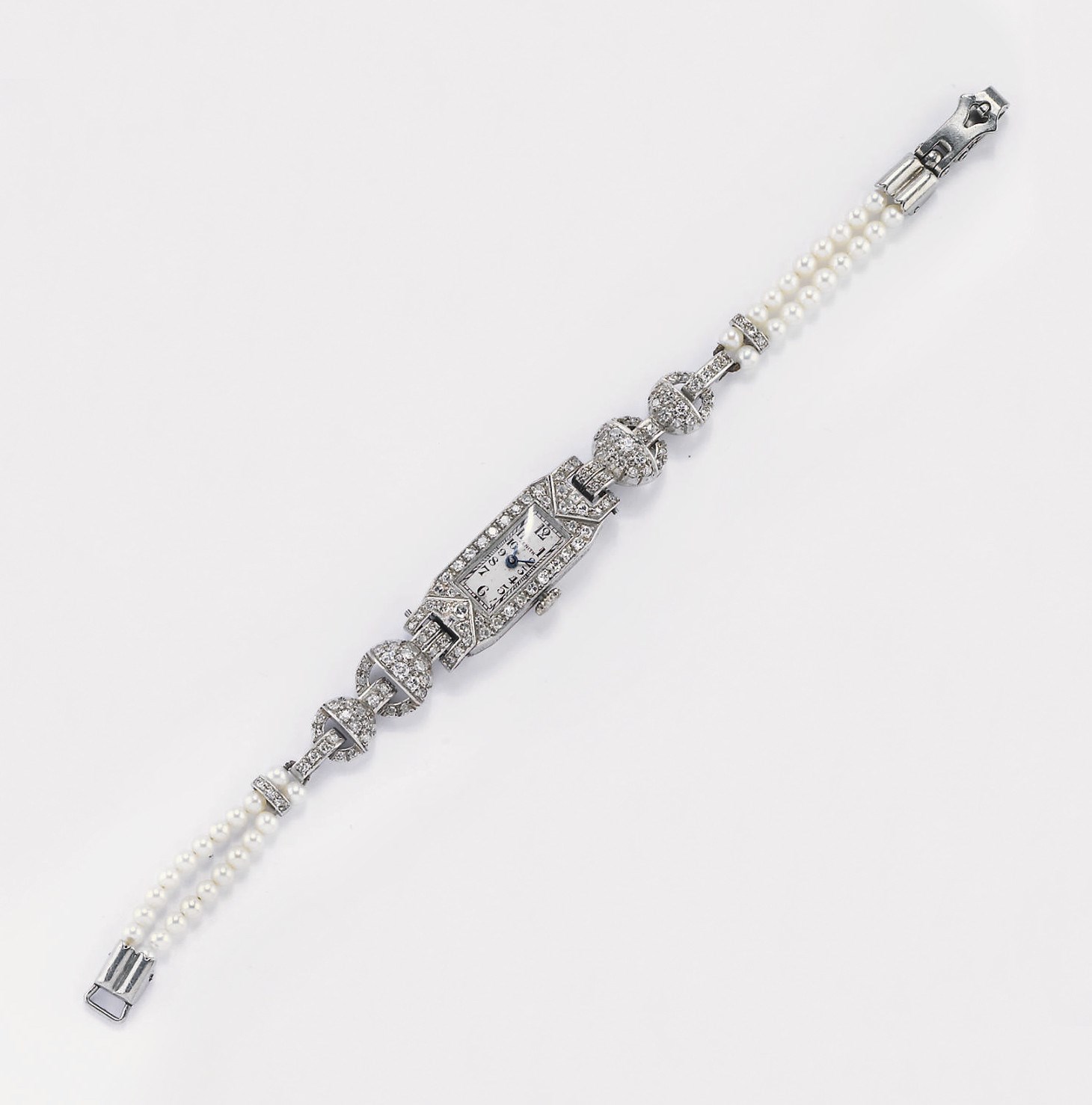 OROLOGIO ART DECO IN BRILLANTI E PERLE COLTIVATE, ZENITH