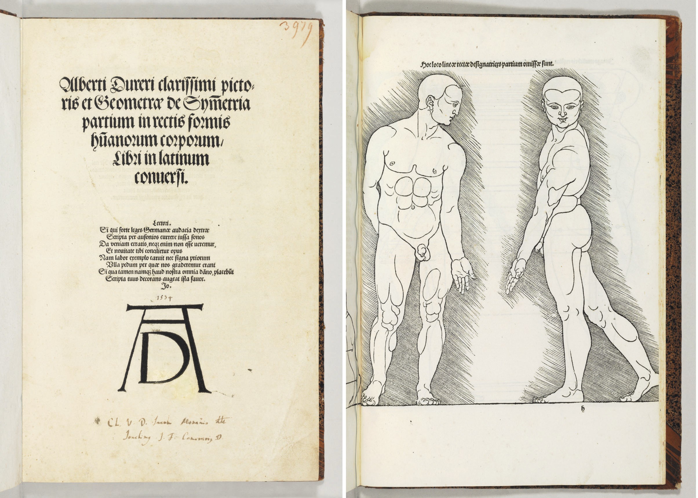 DÜRER, Albrecht. De symmetria partium in rectis formis humanorum corporum, libri in latinum conversi. Translated by Joachim Camerarius. Nuremberg: in the house of Dürer's widow, 1532. [With:] De varietate figurarum et flexuris partium ac gestib. imaginum libri duo, qui priorib. de symmetria quondam editis, nunc primum in latinum conversi accesserunt. Translated by Joachim Camerarius (1500-1574). Nuremberg: Hieronymus Formschneyder, 1534.