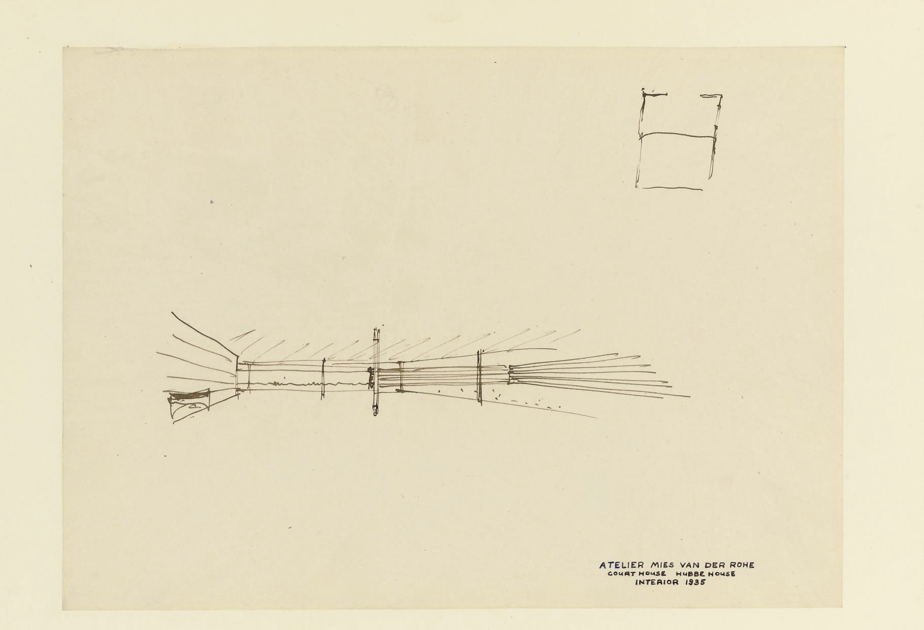 MIES VAN DER ROHE, Ludwig (1886-1969).  Hubbe House, interior perspective, signed "Atelier Mies van der Rohe," and dated 1935.