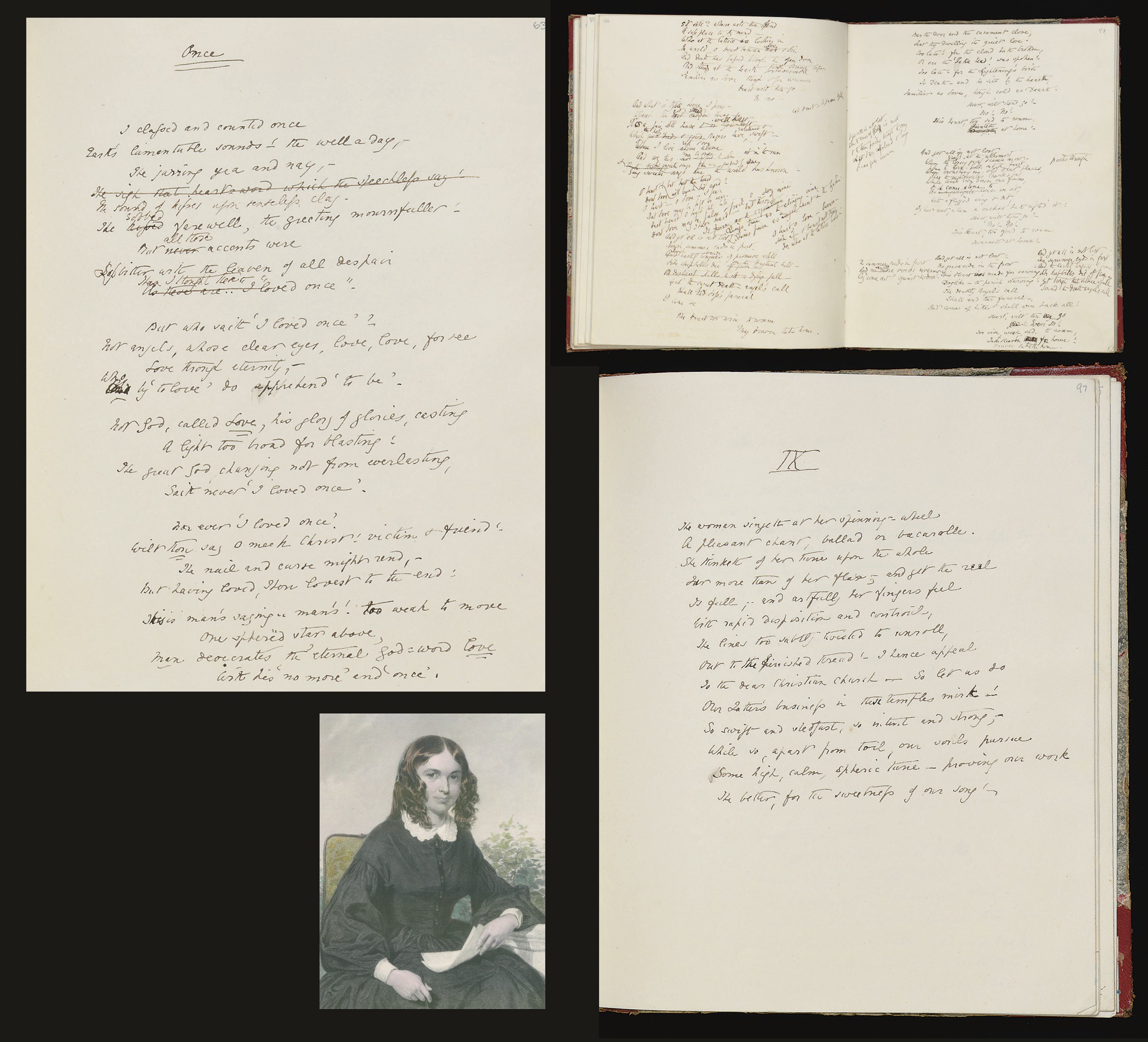 BROWNING, Elizabeth Barrett (1806-1861). Autograph notebook, entitled "MSS. By Elizabeth Barrett," containing drafts and working manuscripts of 15 poems (one a series of nine sonnets), including "The Cry of the Human," "Wisdom Unapplied," "The Maiden's Death," "To E.W. C. Painting My Picture," "The Gorse," "The Repose - written in sickness -- but in happiness," "Calls on the Heart," "A Sabbath Morning at Sea," "L. E. .L.'s Last Question," "Loved One," "From Below & From Above," "Sonnets in the Night," "The Fourfold Aspect," Valediction," "An Ode to America: Here's a Land of Noble Freemen,"  two dated 1839.