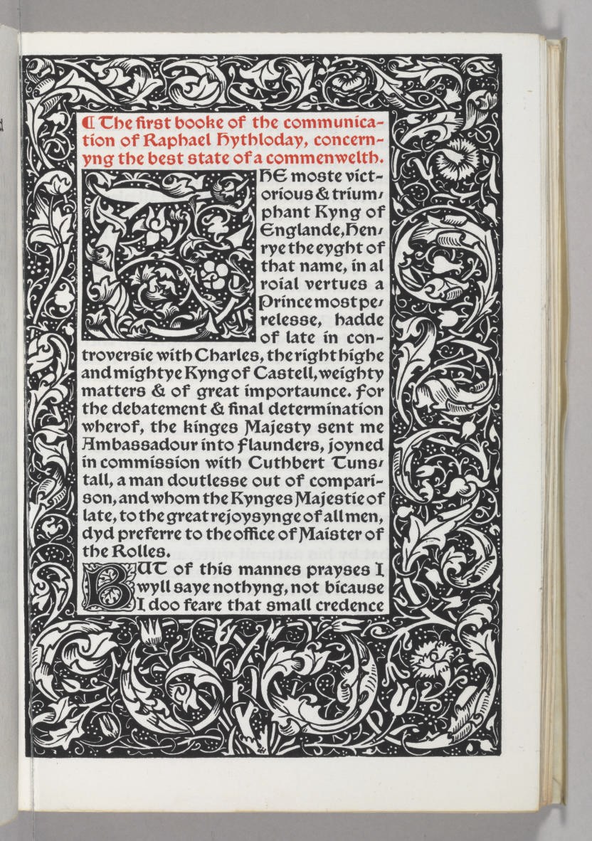 [KELMSCOTT PRESS]. MORE, Thomas (1478-1535). Utopia. Translated by Ralph Robinson, with a Foreword by William Morris. Edited by F.S. Ellis. Hammersmith: Kelmscott Press, 1893.