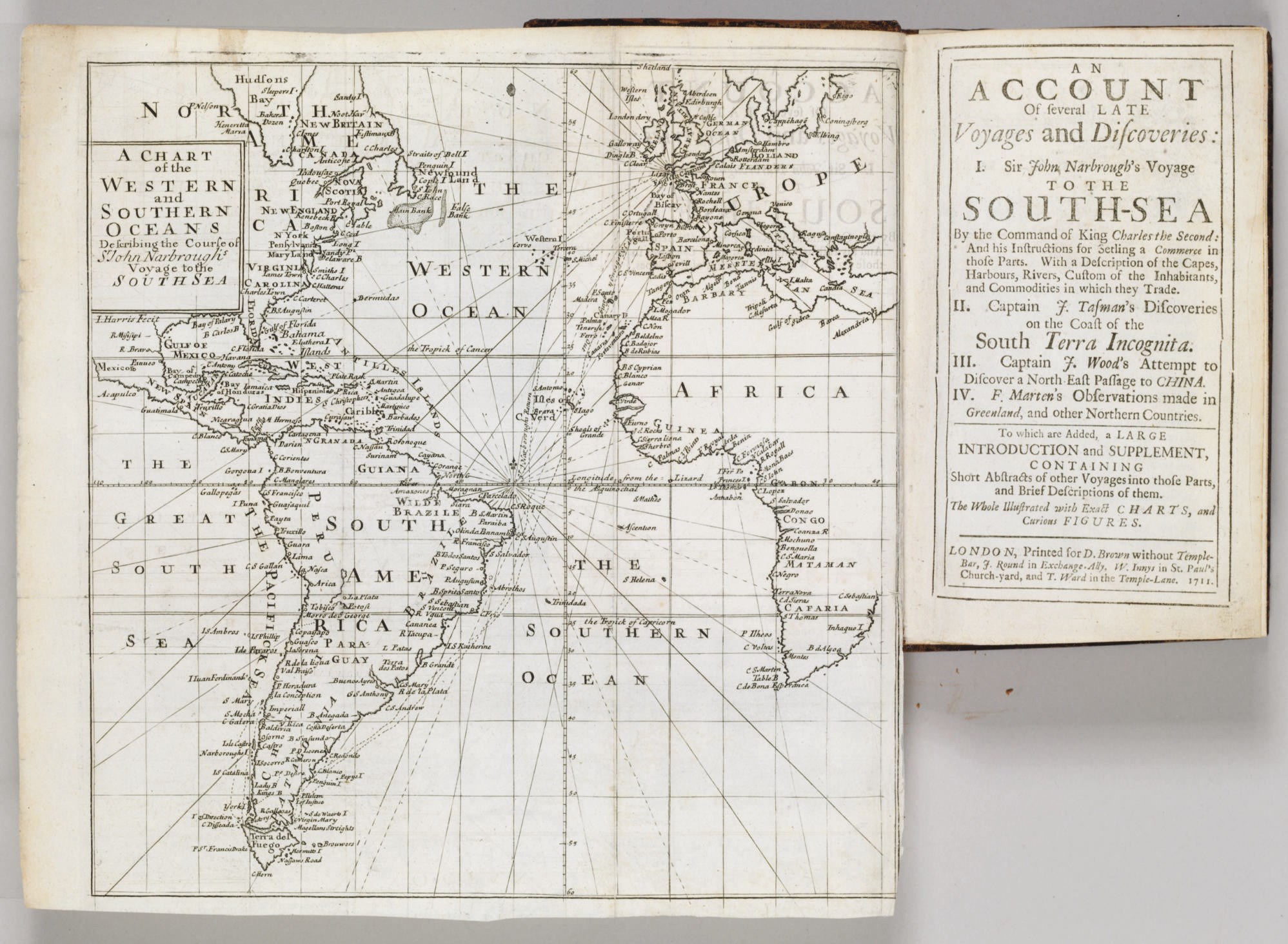 [NARBROUGH, John, Sir (1640-1688) and others]. An Account of Several Late Voyages and Discoveries: I. Sir John Narbrough's Voyage to the South-Sea... II. Captain J. Tasman's Discoveries on the Coast of South Terra Incognita. III. Captain J. Wood's Attempt to Discover a North-East Passage to China. IV. F. Marten's Observations made in Greenland... London: Printed for D. Brown, W. Innys, and T. Ward, 1711.
