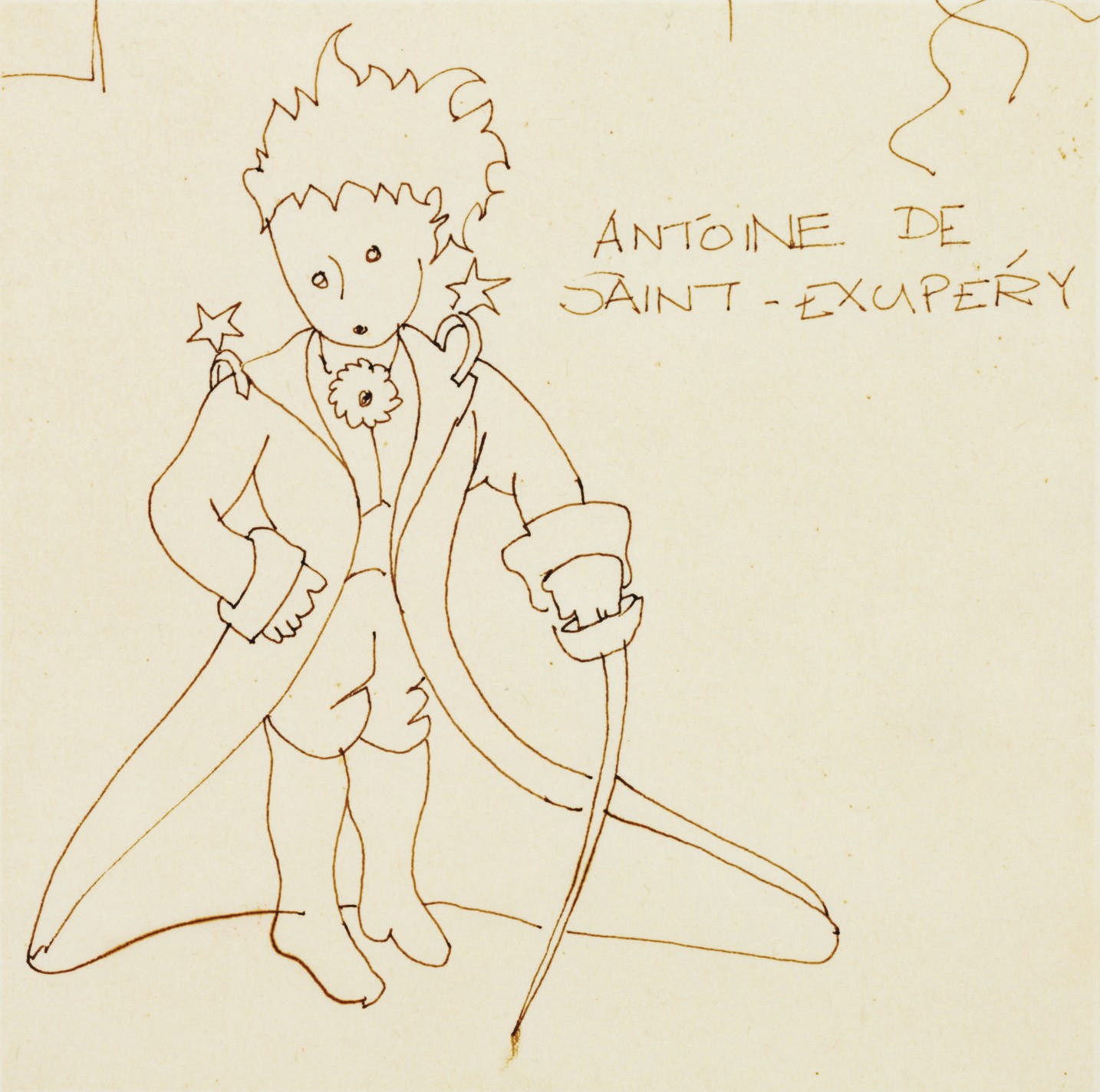 SAINT-EXUPÉRY, Antoine de (1900-44). Pen-and-ink drawing of the "Little Prince," sight 4¾ x 4¾ inches, on paper, with fragment of small sketch at top, signed "Antoine de Saint-Exupéry" at right of figure. Matted and framed.