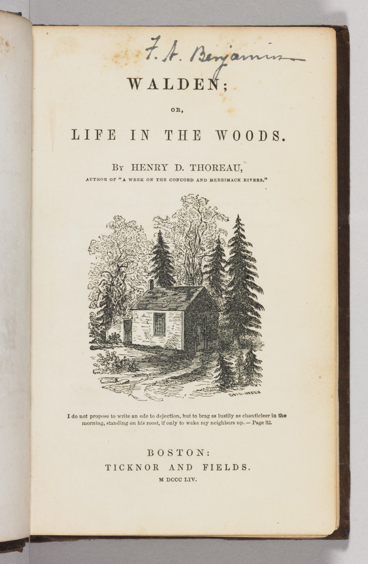 THOREAU, Henry David (1817-1862). Walden; or, Life in the Woods. Boston: Ticknor and Fields, 1854.