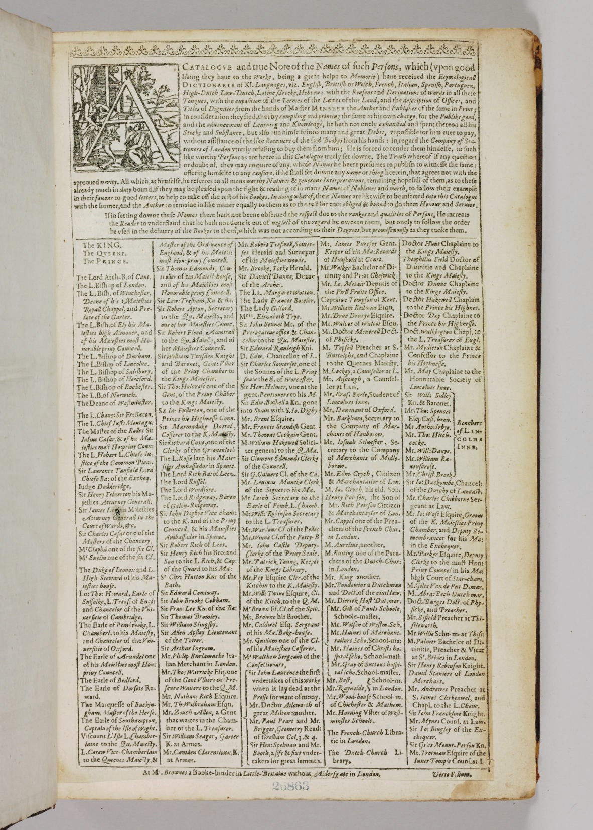 MINSHEU, John (1559/60-1627). \KGEMON EIS TAS GLOSSAS\k. Id est, Ductor in Linguas, the Guide into Tongues. London: By the Industrie, Studie, Labour, and at the charges of John Minsheu,... and are to be sold at John Brownes shop... in little Britaine, 1617.