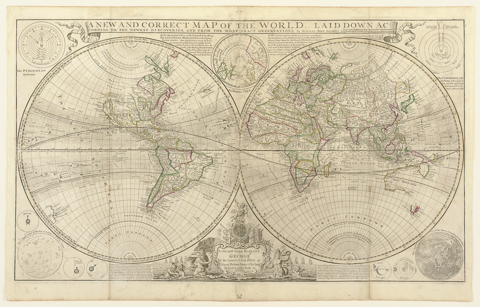 MOLL, Herman. A New and Correct Map of the World Laid Down According to the Newest Discoveries and from the Most Exact Observations. [London:] J. Bowles, T. Bowles, P. Overton, and John King, n.d. [ca 1720].