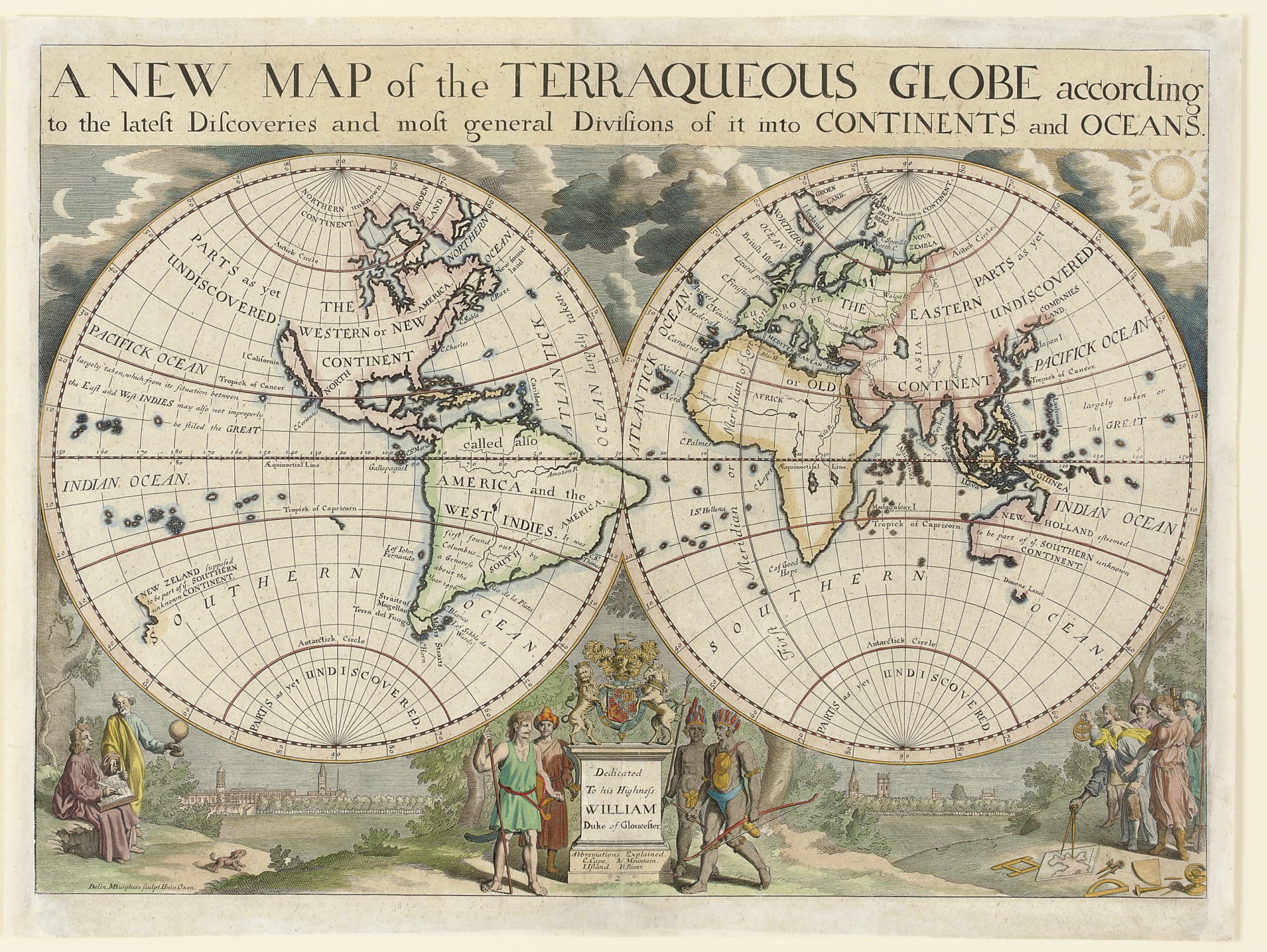 [WELLS, Edward (1667-1727)]. A New Map of the Terraqueous Globe According to the latest Discoveries and most general Divisions of it into Continents and Oceans. Oxford: M. Burghers, [ca 1726-1738].