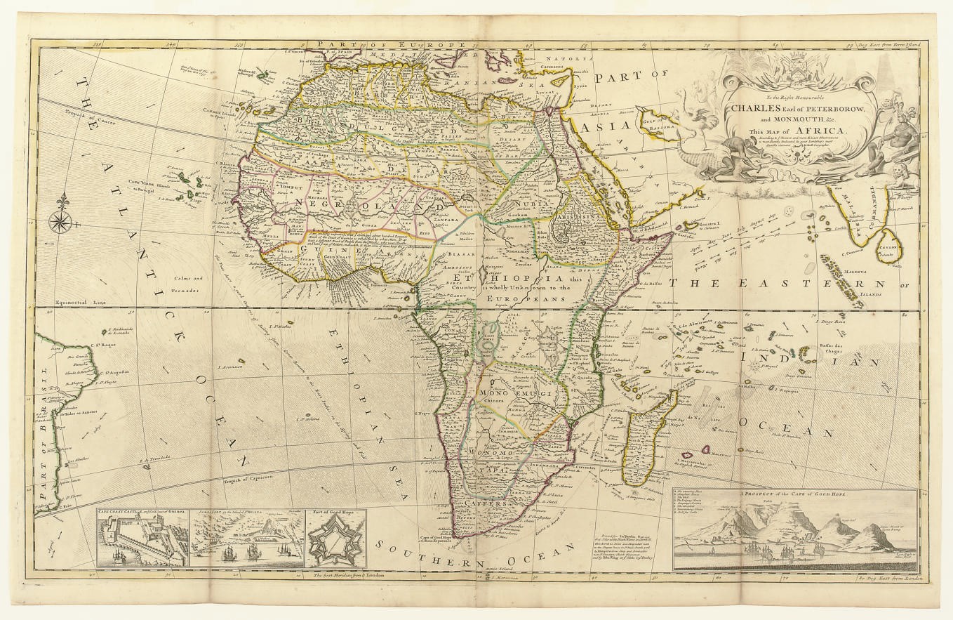 MOLL, Herman. to the Right Honorable Charles Earl of Peterborow and Monmouth, etc. This Map of Africa. [London:] Jn. Bowles... at the Black Horse in Cornhill. Tho. Bowles... in St. Paul's Church Yard. By Philip Overton... Fleet Street and John King at ye Globe in ye Poultry, [ca 1730].