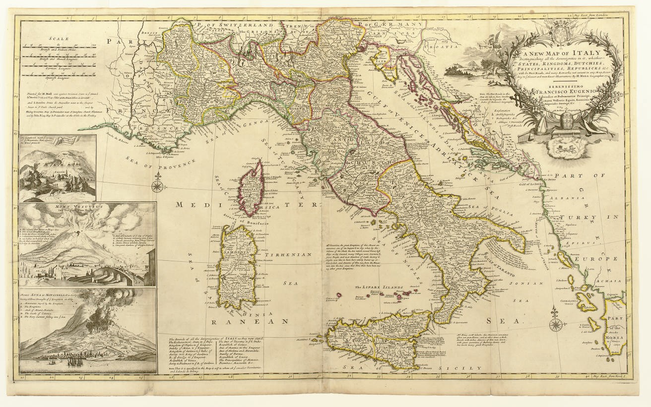 MOLL, Herman. A group of four maps of  Southern Europe, likely from Catalogue of a New and Compleat Set of Twenty-Five Two-Sheet Maps, including: A New Map of Italy Distinguishing all the Sovereignties in it... 1714. [London:] H. Moll, J. and T. Bowles, Philip Overton, and John King, [ca 1730]. Engraved map, on two joined sheets, 610 x 1020 mm, hand-colored in outline. Matted. -- A New Map of the Upper Part of Italy. [London:]T. and J. Bowles, [ca 1730]. Engraved map, on two joined sheets, 624 x 1035 mm, hand-colored in outline. Matted. -- A New and Exact Map of Spain & Portugal 1711. [London:] Printed for H. Moll, D. Midwinter, P. Overton and T. Bowles, [ca 1730]. Engraved map, on two joined sheets, 613 x 987 mm, hand-colored in outline. Matted and framed. -- An Historical Map of the Roman Empire and the neighboring Barbarous Nations... by Monsieur William Del Isle.... London: H. Moll, T. Bowles, John Bowles, Phillip Overton, and John King, 1709 [ca 1730]. Engraved map, on two joined sheets 554 x 1205 mm, hand-colored in outline, text in Latin and English. (A few spots.) Matted.	 (4)