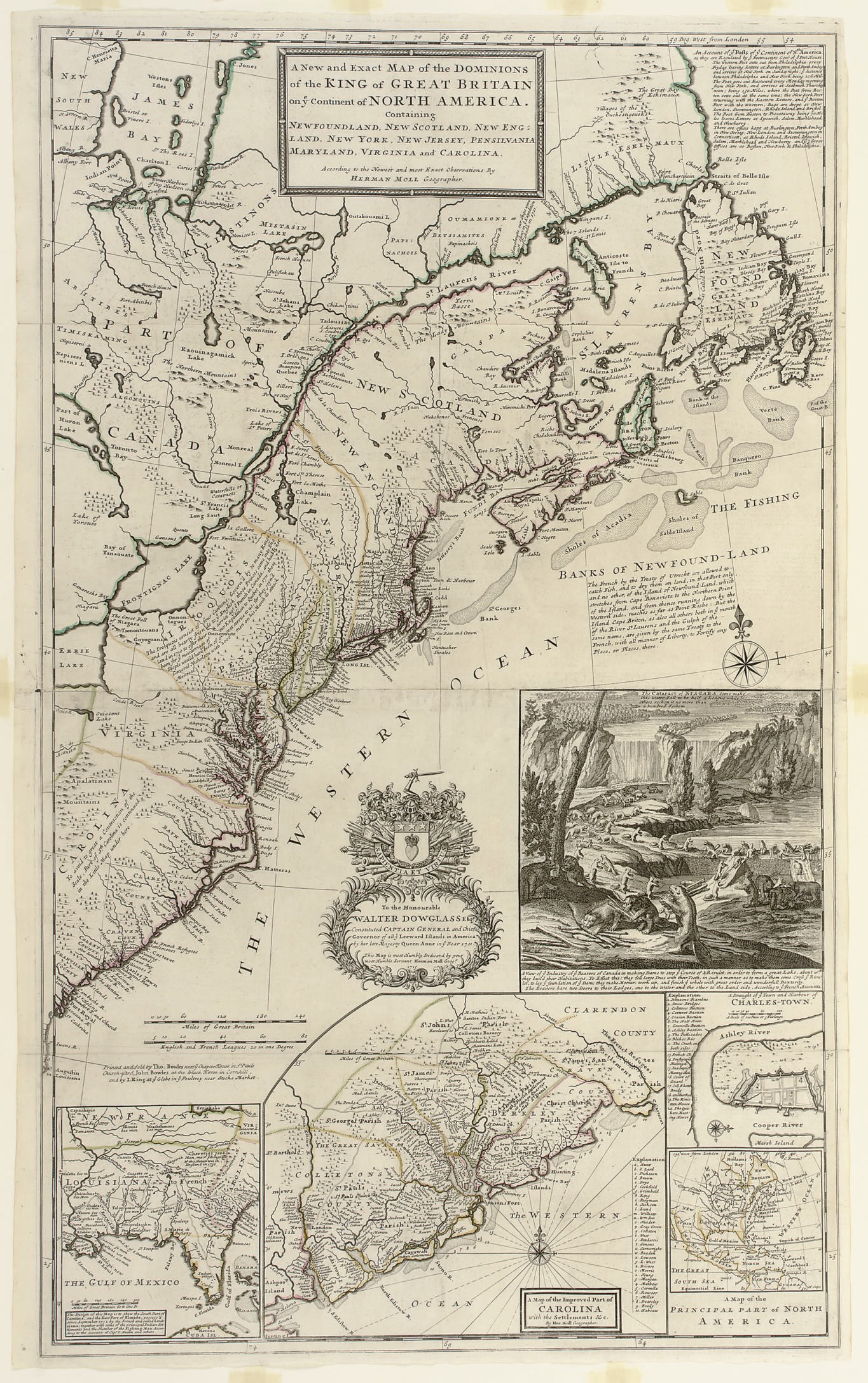 MOLL, Herman.  A New and Exact Map of the Dominions of the King of Great Britain... Containing Newfoundland, New Scotland, New England, New York, New Jersey, Pensilvania, Maryland, Virginia and Carolina. According to the Newest and most exact observations by Herman Moll Geographer. [London]: T. Bowles, John Bowles, and J. King, 1715 [but 1731].