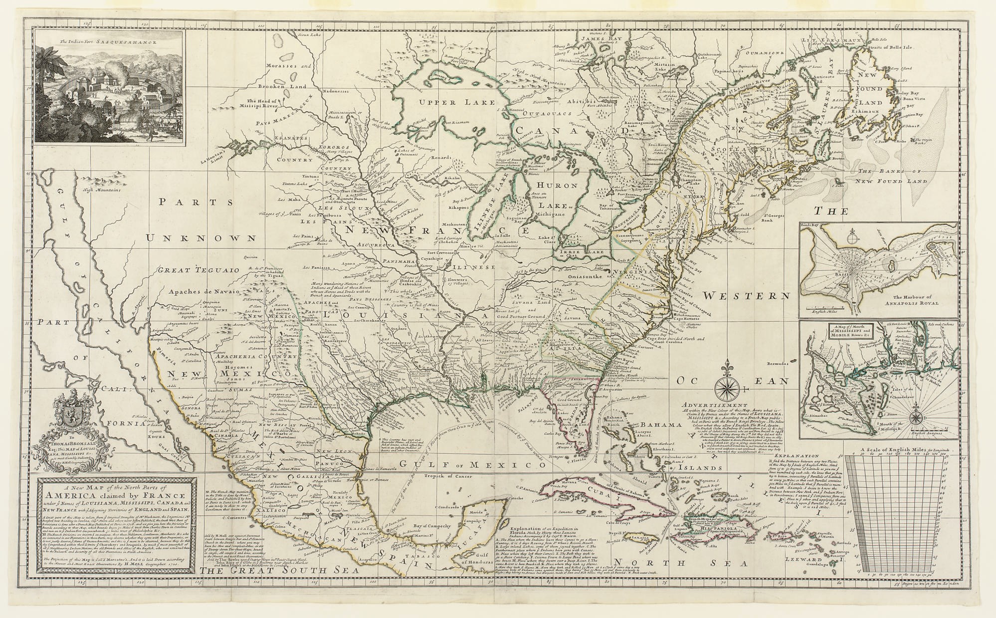 MOLL, Herman (1654-1732). A New Map of the North Parts of America claimed by France under ye Names of Louisiana, Mississipi, Canada and New France with ye Adjoining Territories of England and Spain... . [London]: Sold by H. Moll... in the Strand... sold by Tho: Bowles... in St. Paul's Church Yard. John King... in ye Poultry... and John Bowles at the Black Horse Cornhill, 1720.