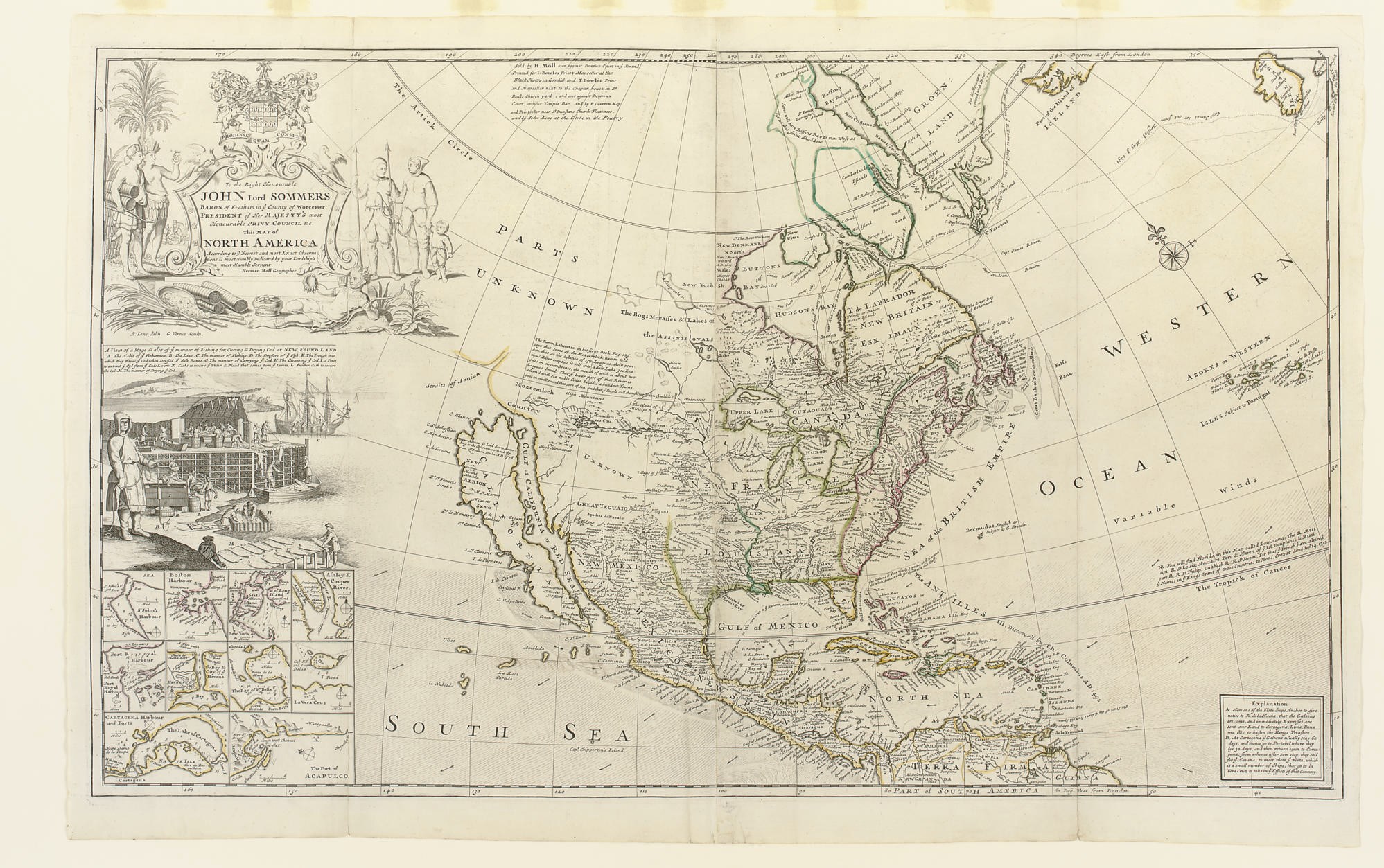 MOLL, Herman. To the Right Honourable John Lord Sommers... This Map of North America... [London]: Sold by H. Moll... in ye Strand, printed for J. Bowles... at the Black Horse in Cornhill and T. Bowles... in St. Paul's Church Yard. And by P. Overton... Fleetstreet and by John King... in the Poultry, [ca 1730].