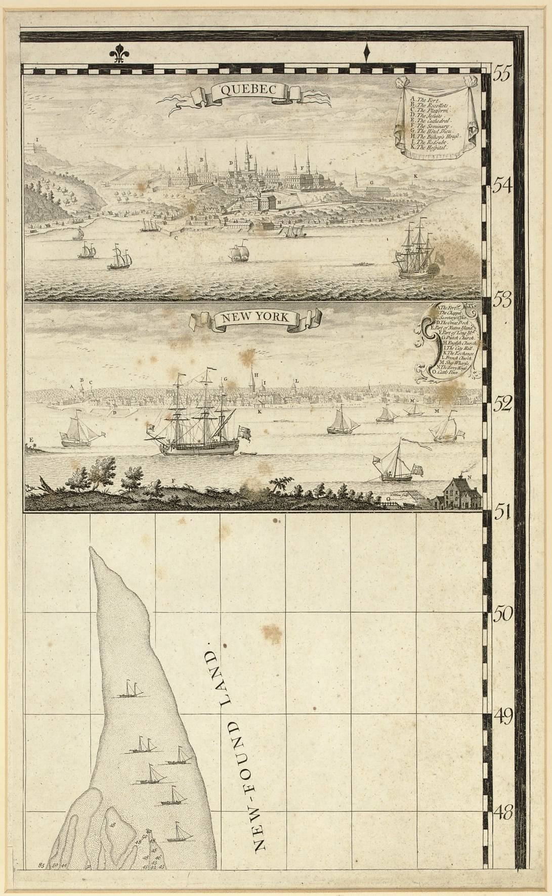 [POPPLE, Henry]. Views of "Quebec" and "New York," comprising one half-sheet panel from Popple's  America Septentrionalis.  Map of the British Empire in America with the French and Spanish Settlements adjacent thereto. London: William  Henry Toms and R.W. Seale,  1733.