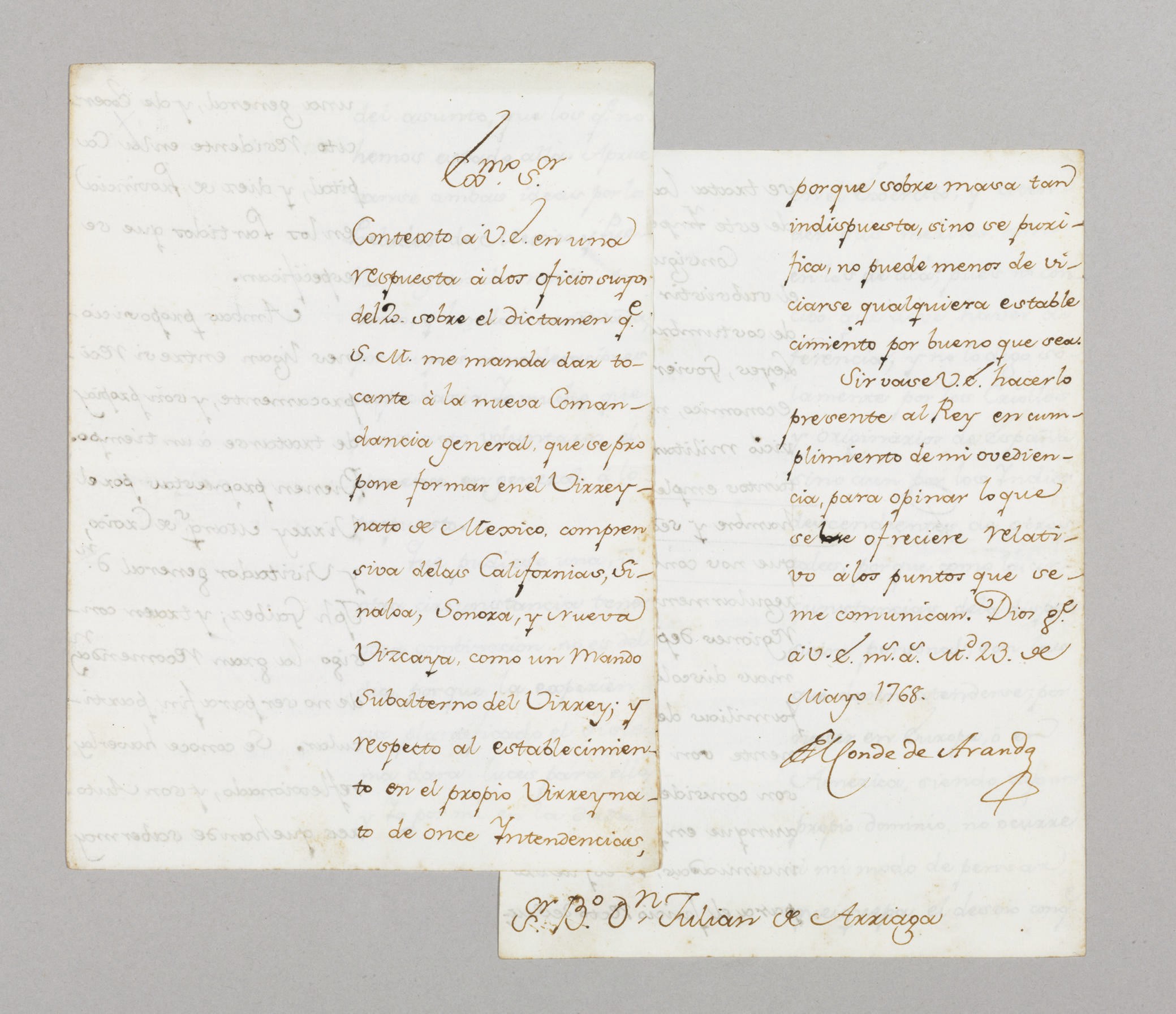 ARANDA, Pedro Pablo Abarca de Bolea, Count (1718-1798). Letter signed ("El Conde de Aranda"), as President of the Royal Council of King Charles III, to Don Julián de Arriaga y Rivera (1700-1776), Minister of American and naval affairs, Madrid, 23 May 1768.