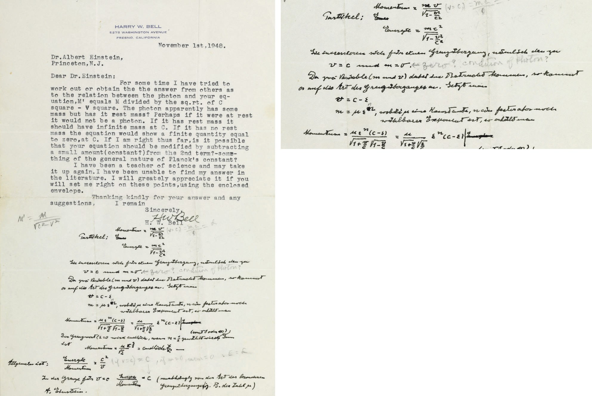 EINSTEIN, Albert (1879-1955). Autograph scientific manuscript signed ("A. Einstein"), INCLUDING HIS FAMOUS FORMULA "ENERGY=MC2...", added in blank portion of a Typed letter signed from H. W. Bell to Einstein, 1 November 1948. 1 page, 4to, with pencil notations in another hand. Einstein's text in German.