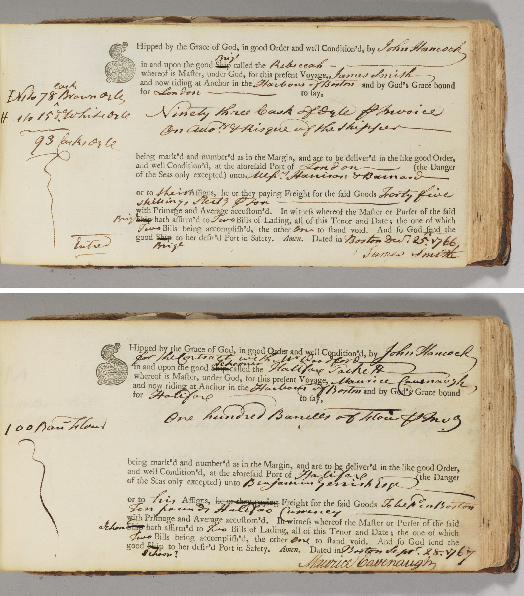 HANCOCK, John (1737-1793), Signer (Massachusetts). Bound volume of 168 printed bills of lading, preliminary blank boldly inscribed "Bill of Lading Book." 21 BILLS ACCOMPLISHED BY JOHN HANCOCK AND SIGNED ("John Hancock"); 72 bills accomplished and signed by John Hancock as the firm's clerk (signed "Thomas Hancock," or "Thomas Hancock & Co."); and 63 additional bills accomplished by a clerk (probably William Palfrey) and signed by him ("John Hancock") on behalf of the firm. Boston, various dates, 20 October 1761 to 17 May 1774.